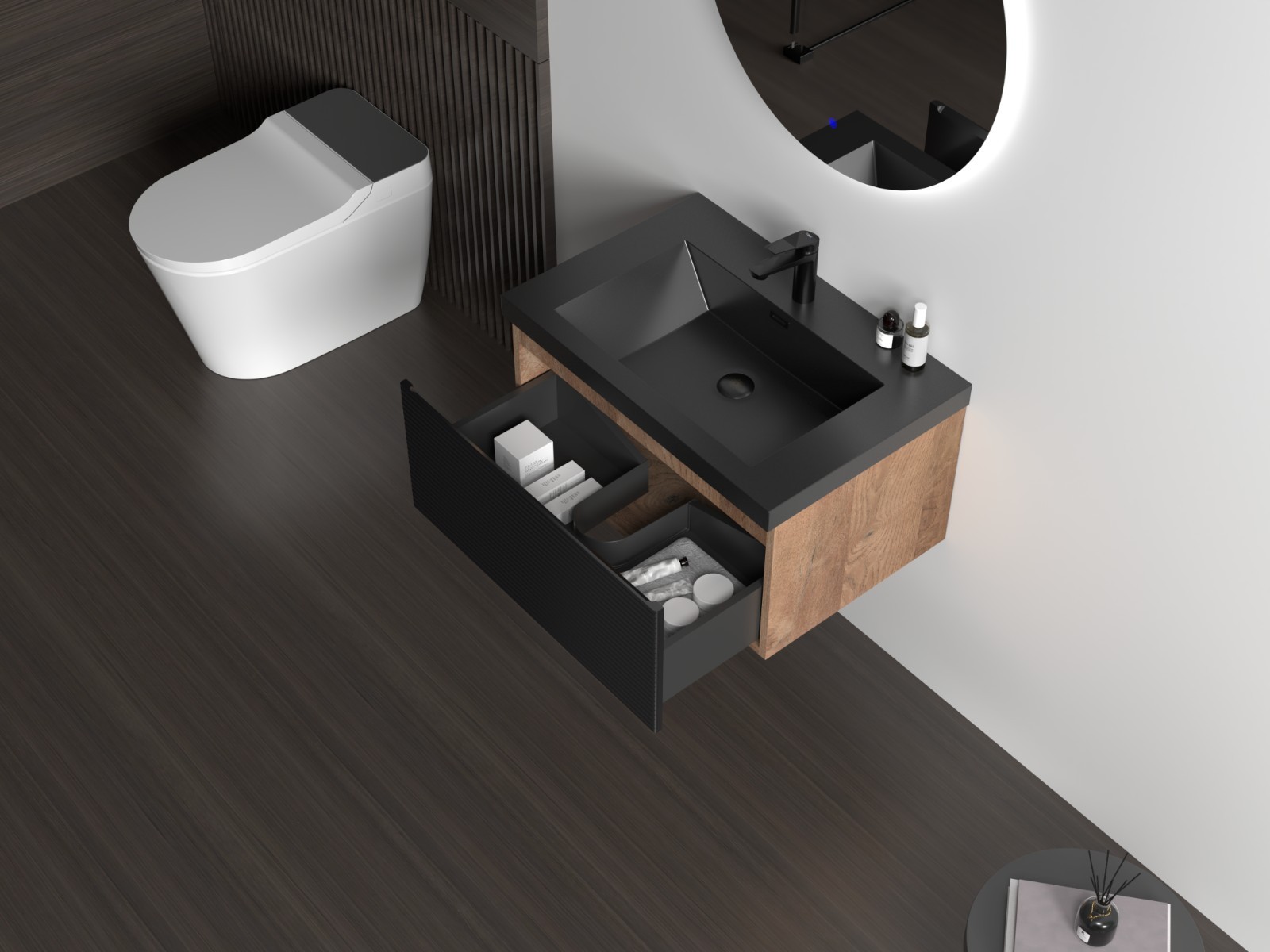 30” Bathroom vanity set floating vanity oak and black quartz sands basin top