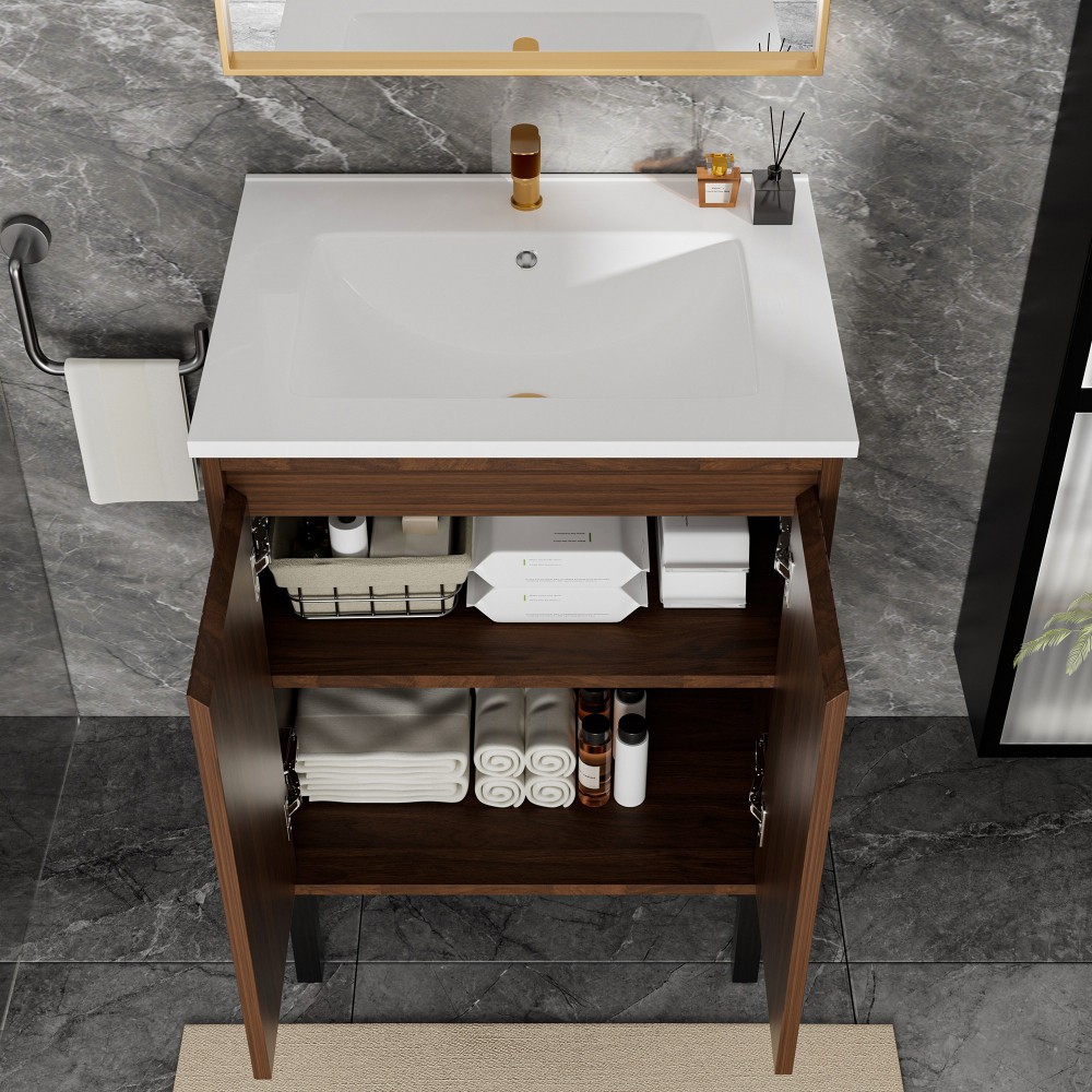 24″ Floor-Standing Bathroom Vanity – White Sink Soft-Closing Drawers Oak Finish