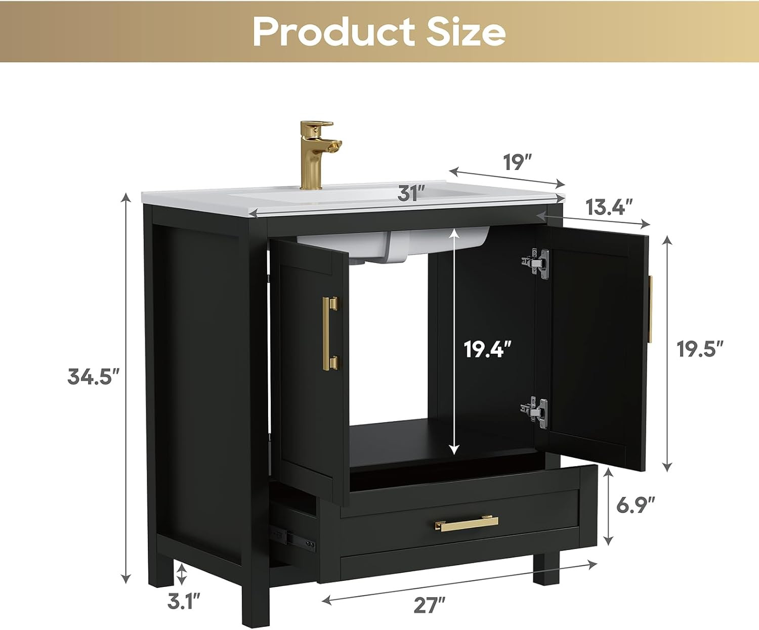 30 Inch Bathroom Vanity with Sink, Black Bathroom Vanity Sink Combo with Large D