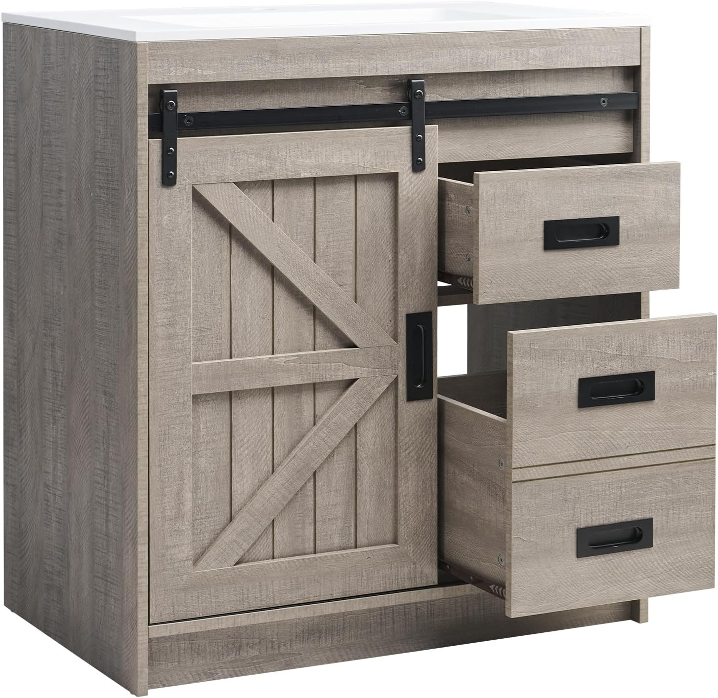 AMERLIFE Farmhouse Bathroom Vanity with Sink Combo, 31In Sliding Barn Door Bathr