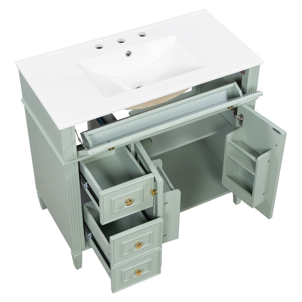 36 Inch Bathroom Vanity with Sink, Green Solid Wood Cabinet with Flip-Out Drawer