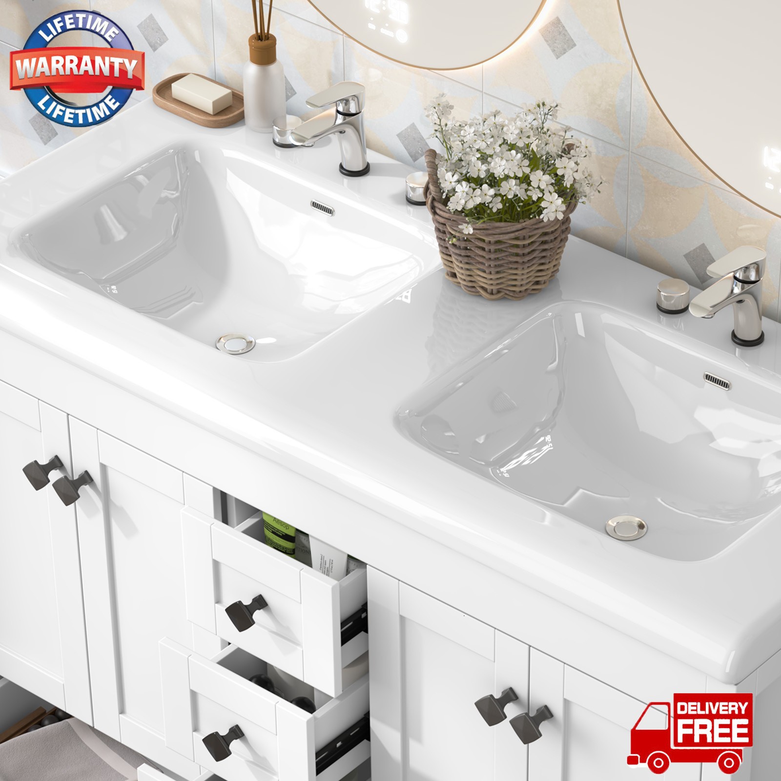 46″ Bathroom Vanity with Ceramic Sink Freestanding Storage Cabinet w/ 5 Drawers