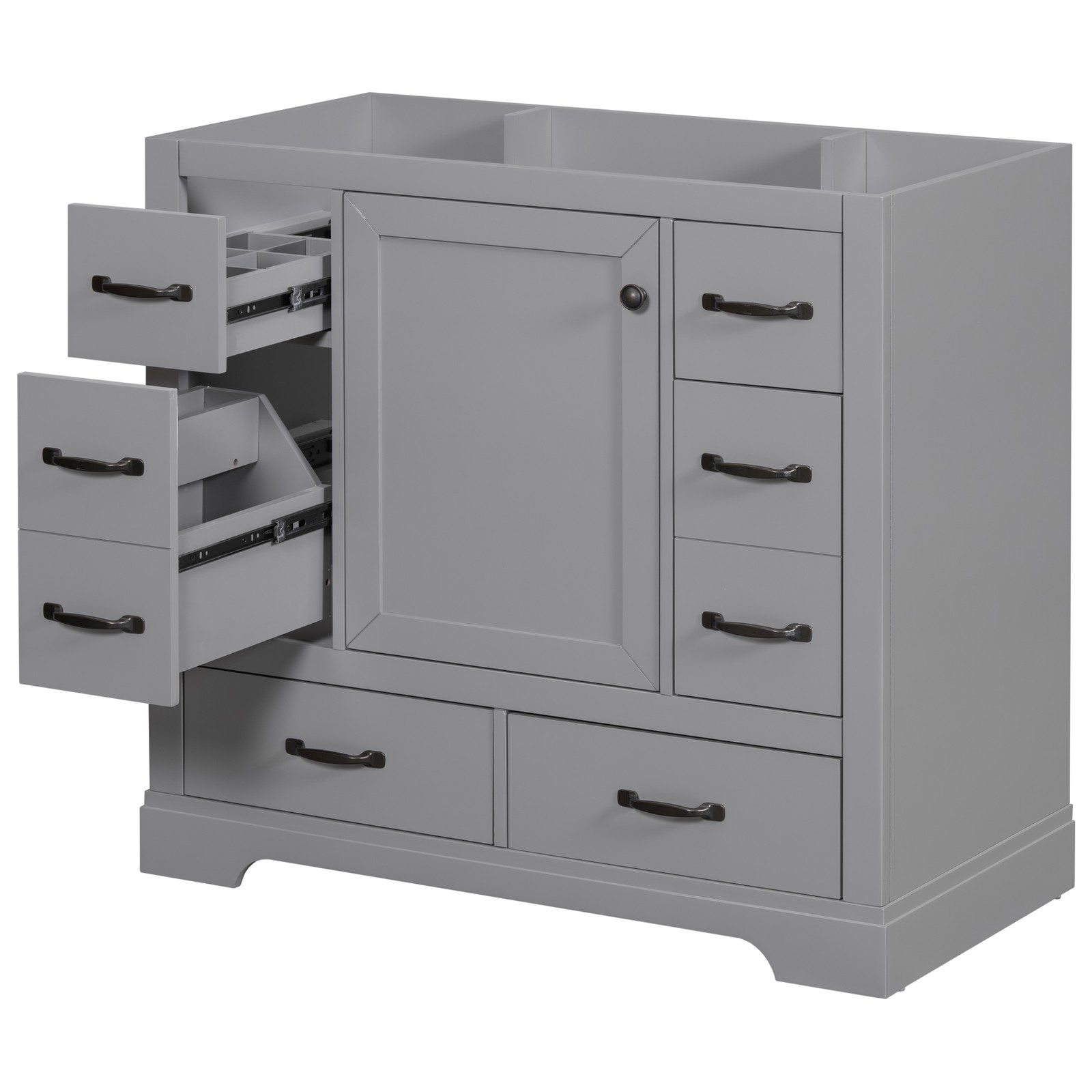 36″ Bathroom Vanity Base Only, 6 Drawers, Adjustable Shelf, Gray