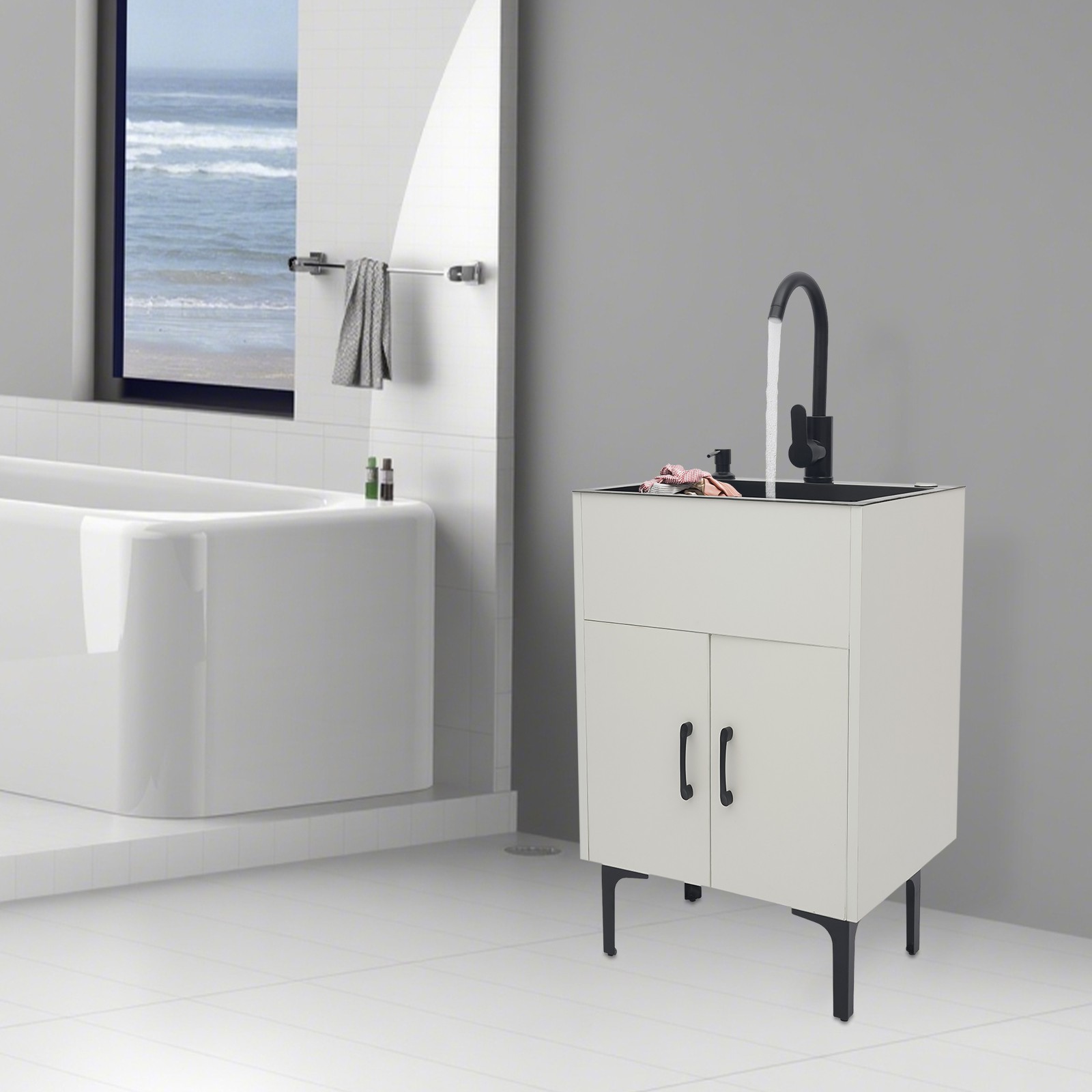 20″ Laundry Sink Cabinet w/ Faucet, Freestanding Utility Sink Cabinet w/ Storage