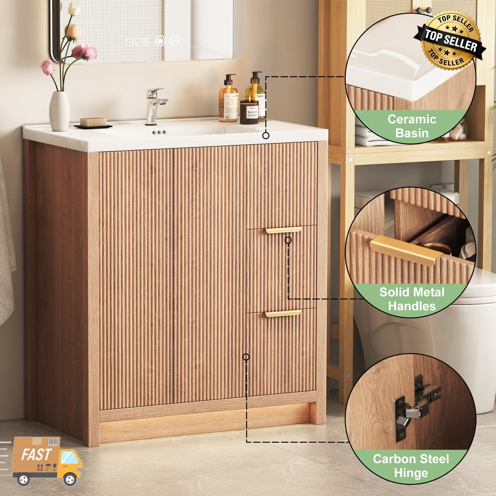 31 Inch Wooden Bathroom Vanity with Ceramic Sink Modern Bath Storage Cabinet