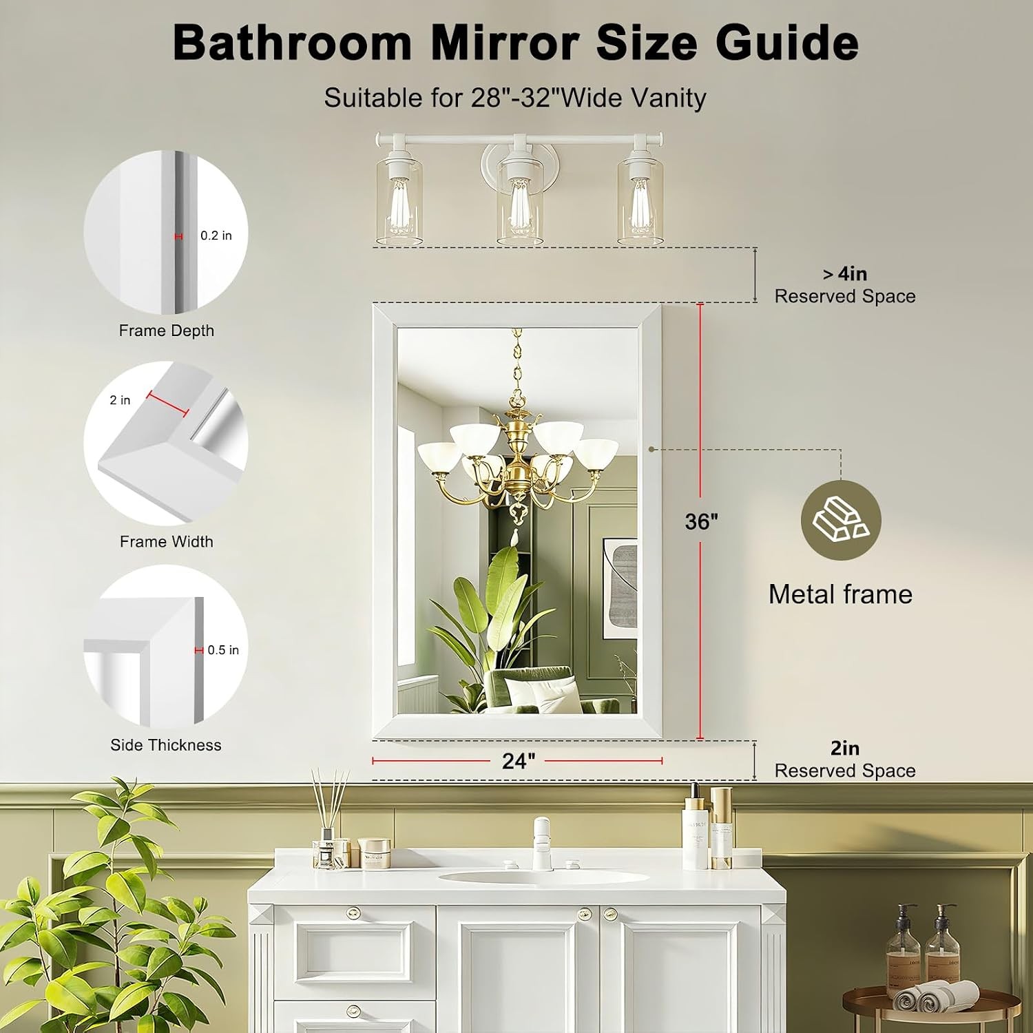 Bathroom Wall Vanity Mirror Over Sink(White,24x36Inch)
