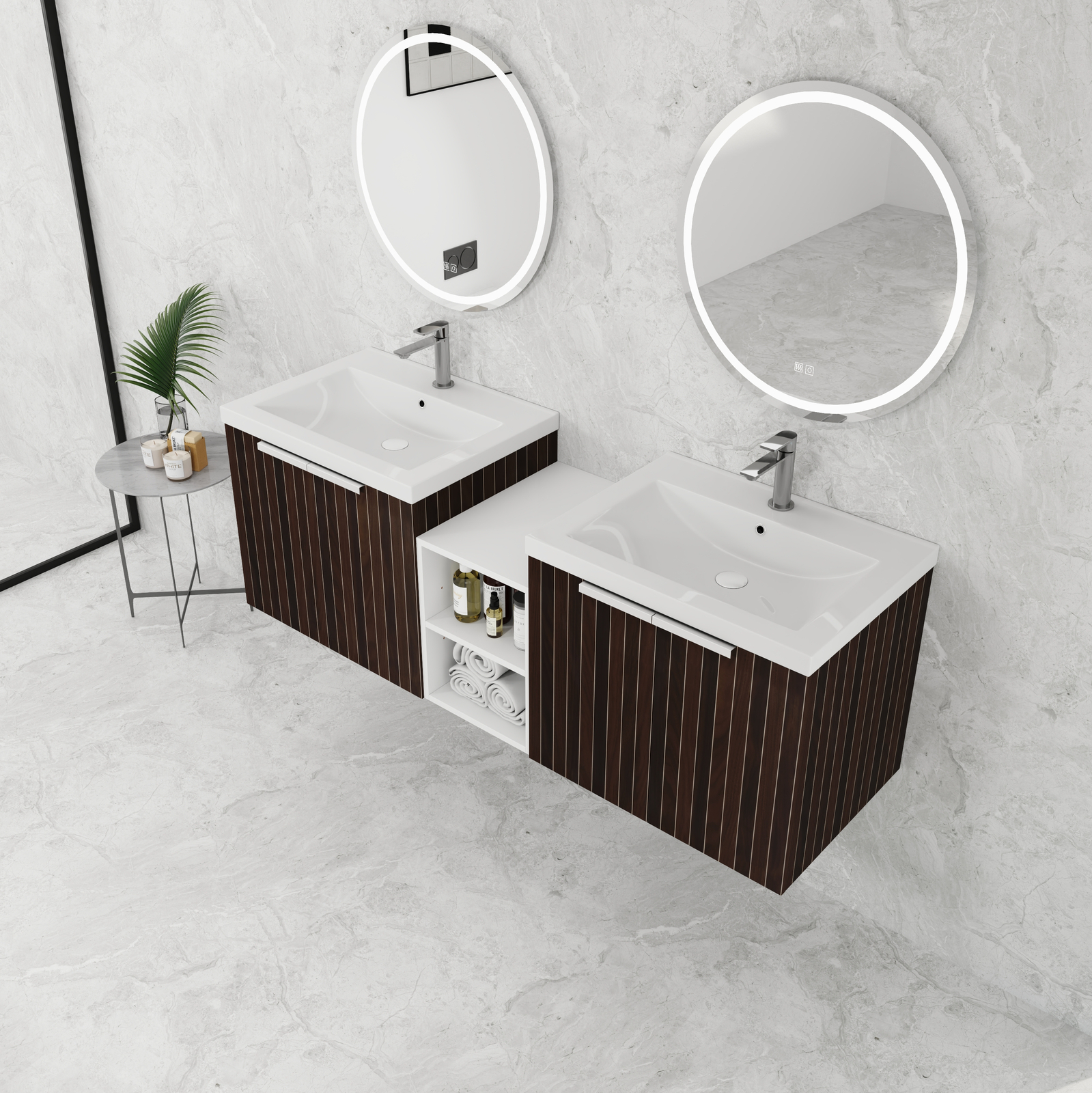 60″ Wooden Floating Bathroom Vanity with Dual Sink Basin Doors /Storage Shelves