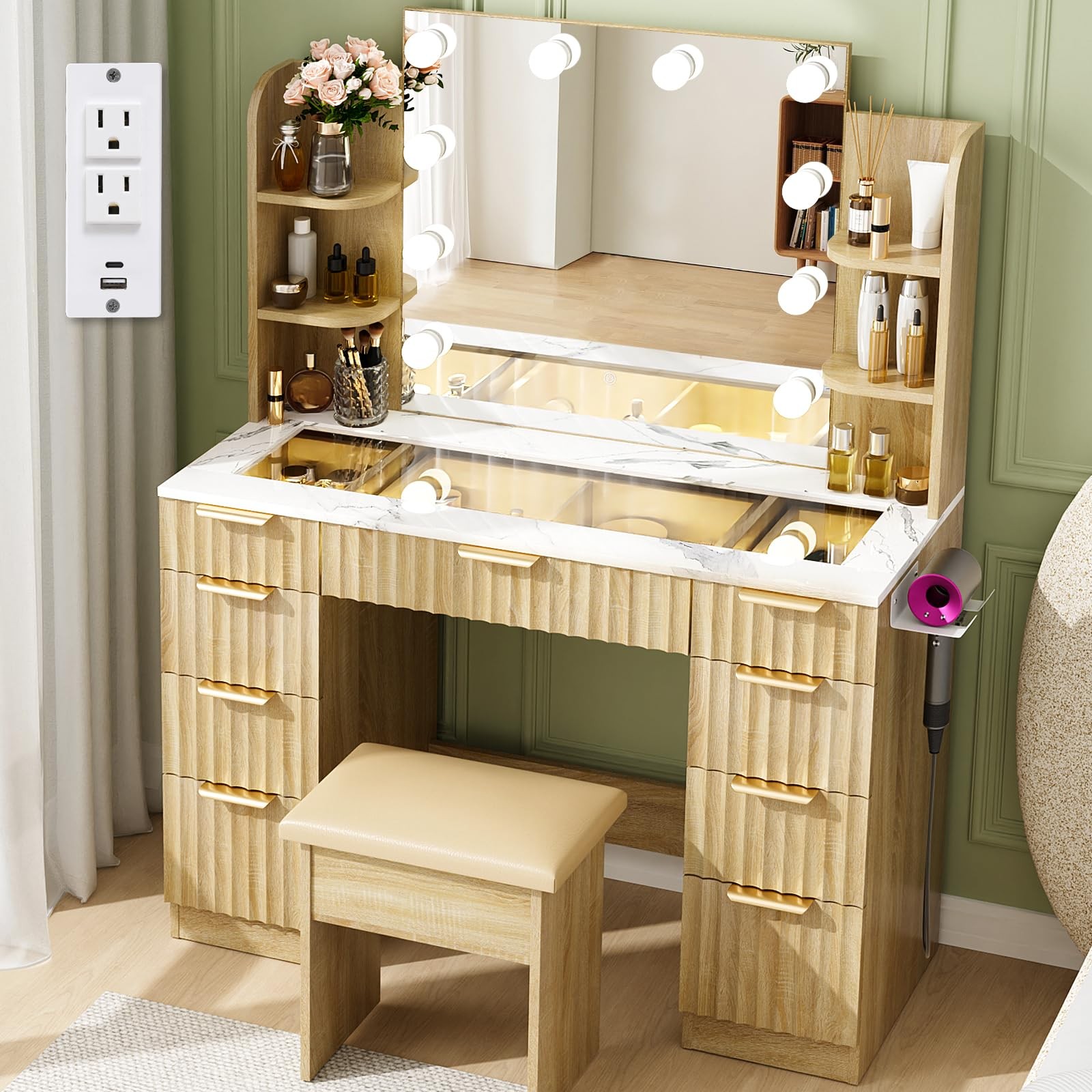Fluted Vanity with Mirror Lights 43in Glass Top 9 Drawers Outlet Marble