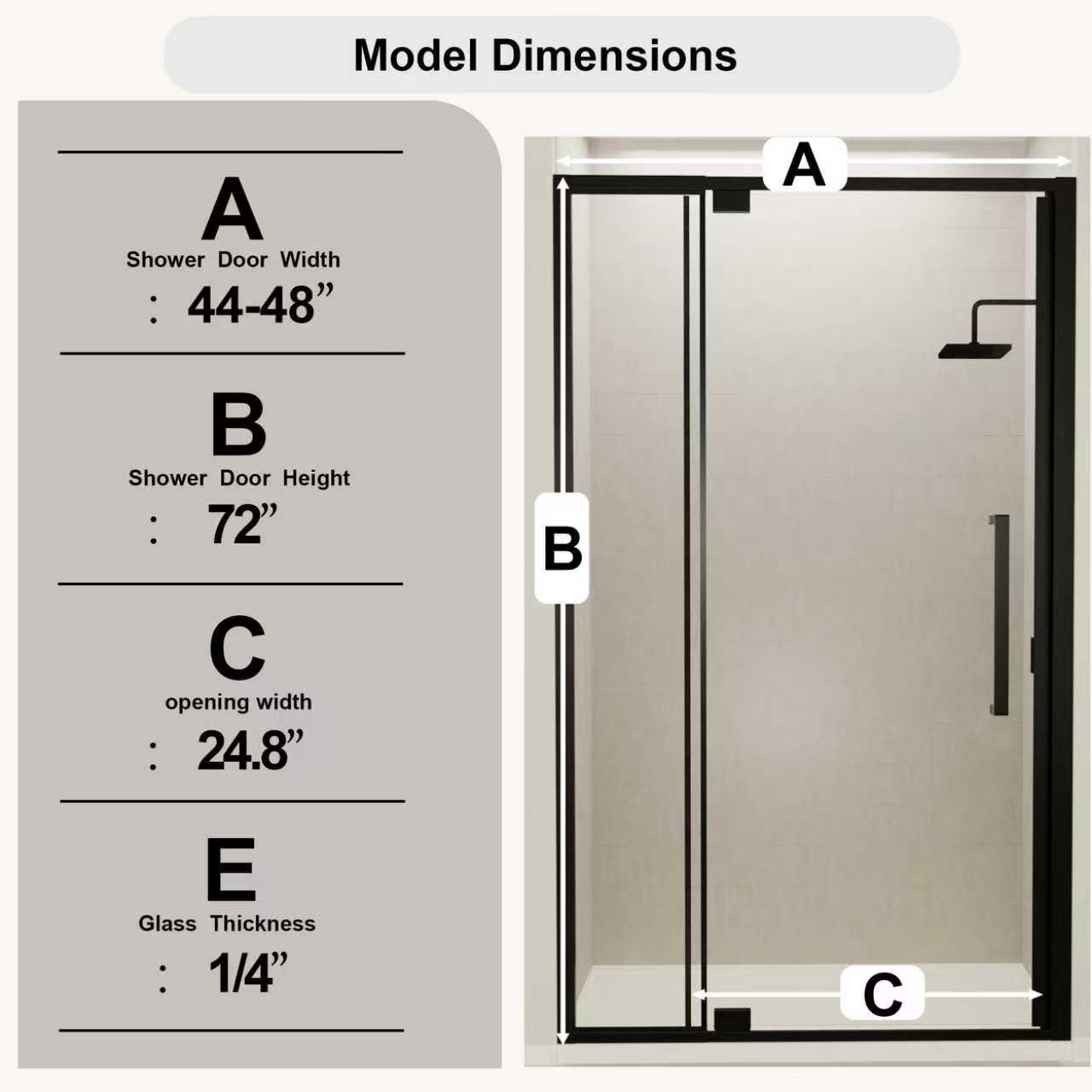 Semi-Frameless Pivot Hinged Shower Door 44-48″W x 72″H Matte Black