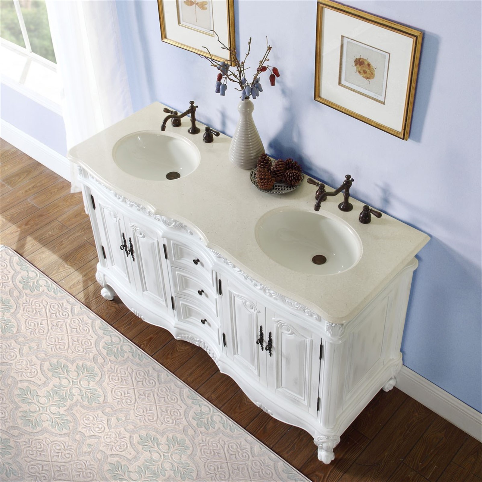 58″ Lavatory Double Sink Bathroom Vanity Cabinet Crema Marfil Marble Top 145CM