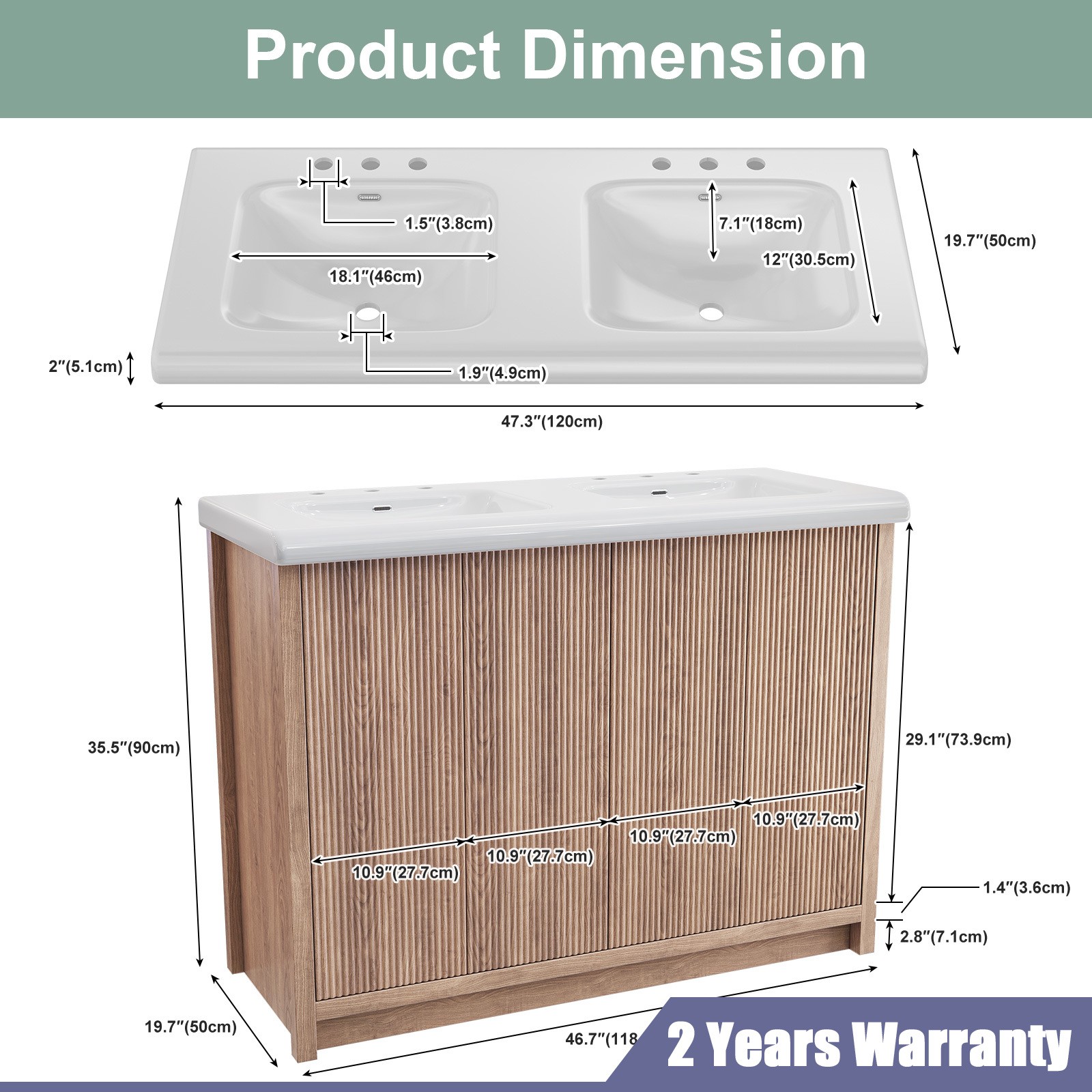 47″ Large Bathroom Vanity Double Ceramic Sink Freestanding Cabinet Storage