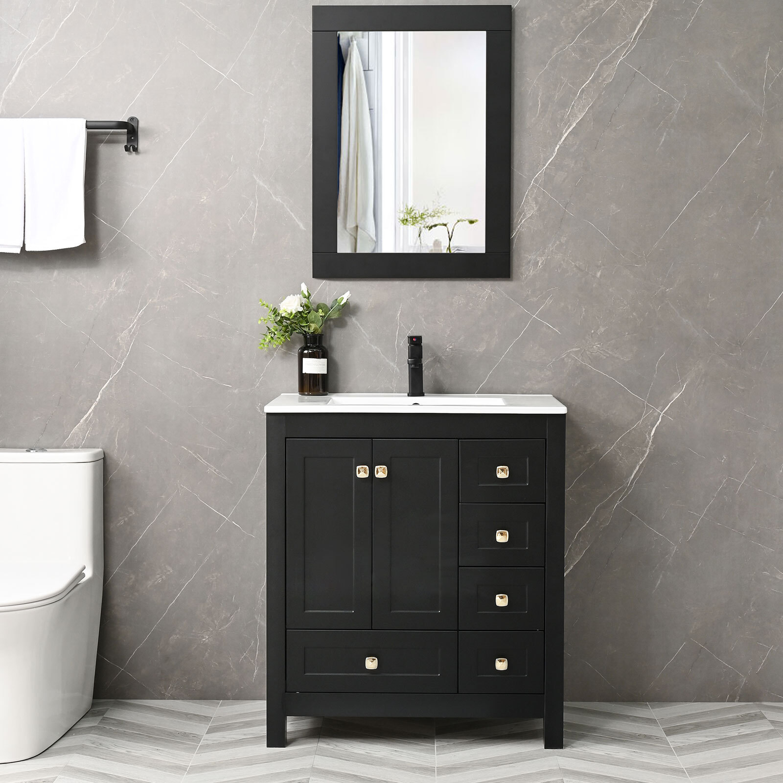 Eclife 30″ Bathroom Vanity Cabinet Set Drop in Ceramic Sink faucet drain mirror