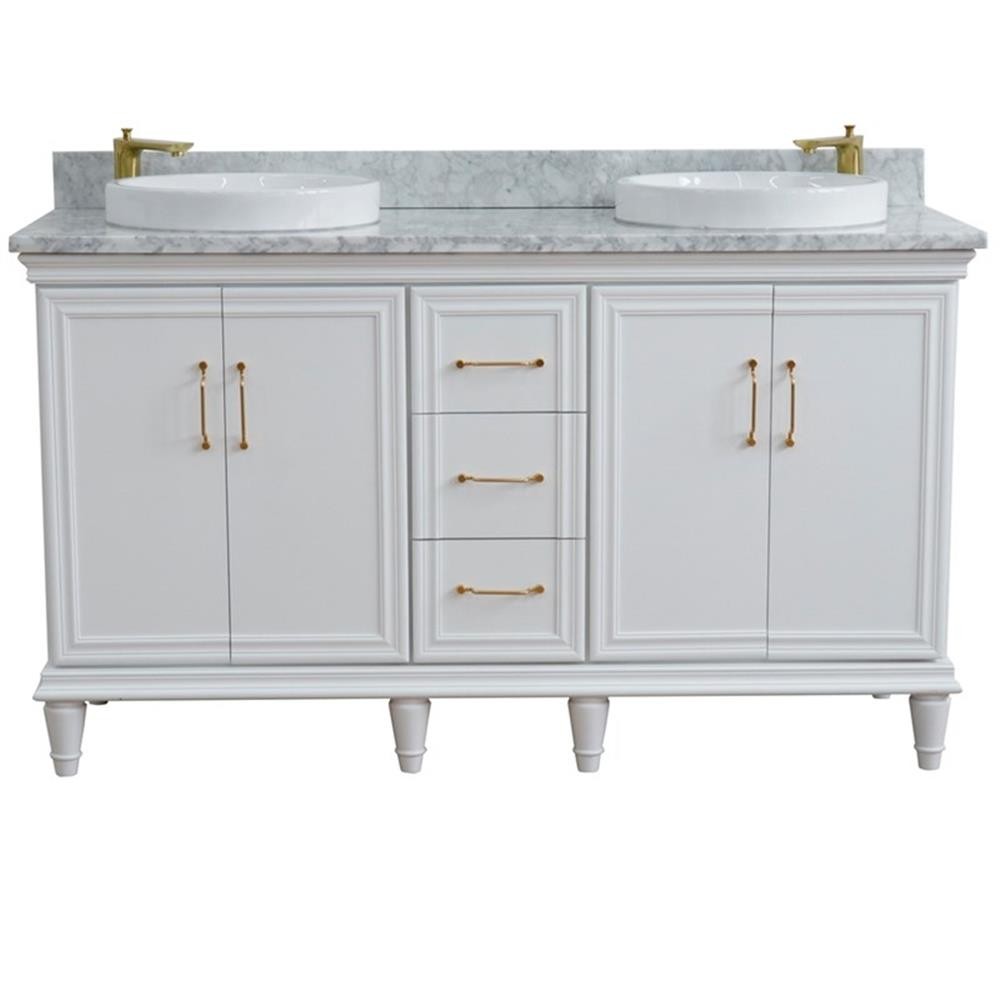 61 in. Double Wooden Vanity White White Carrara Marble Round Sink