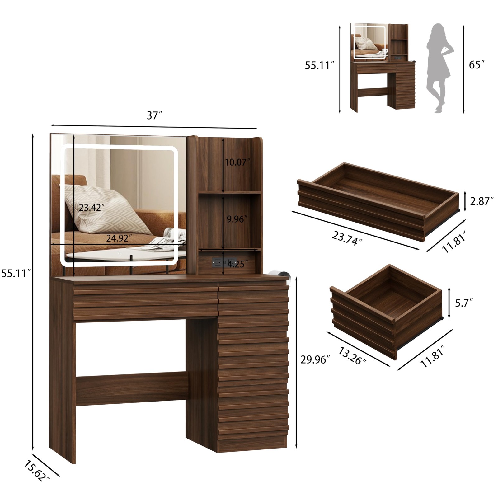 Makeup Vanity Desk with LED Lighted Mirror Fluted 4 Drawers Power Outlet Walnut