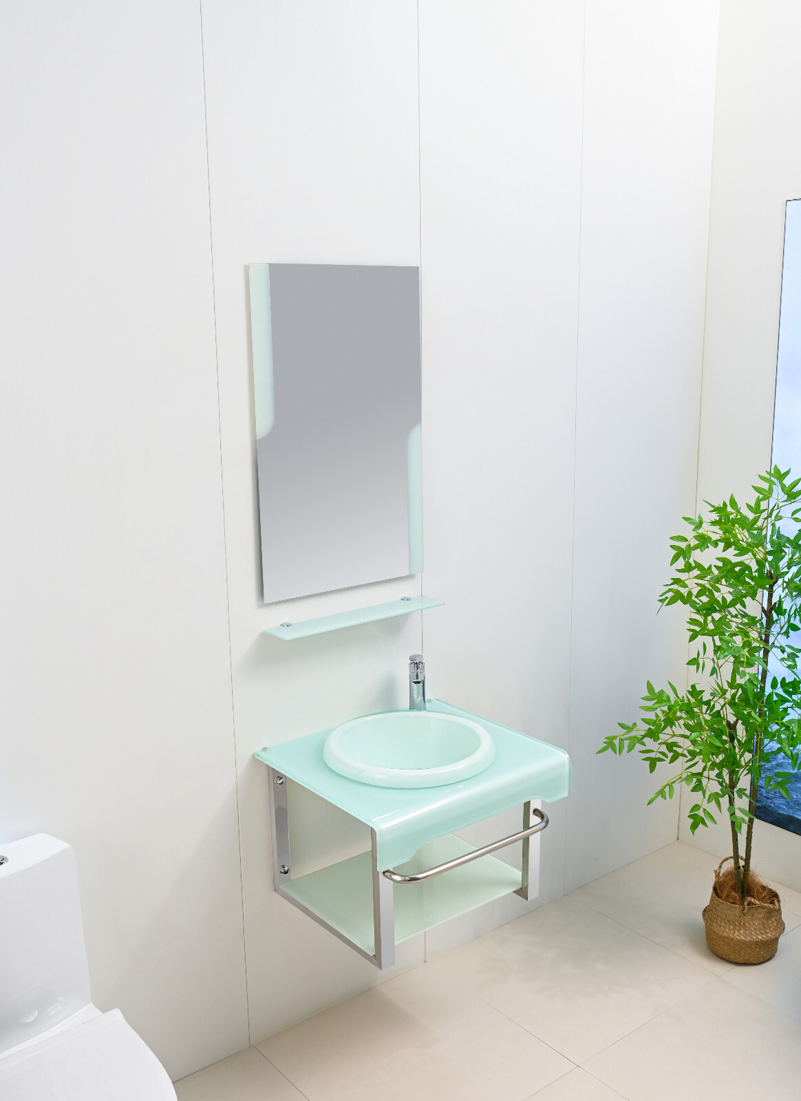 24″ Wide Modern Tempered Glass & Stainless-Steel Set include mirror and shelve