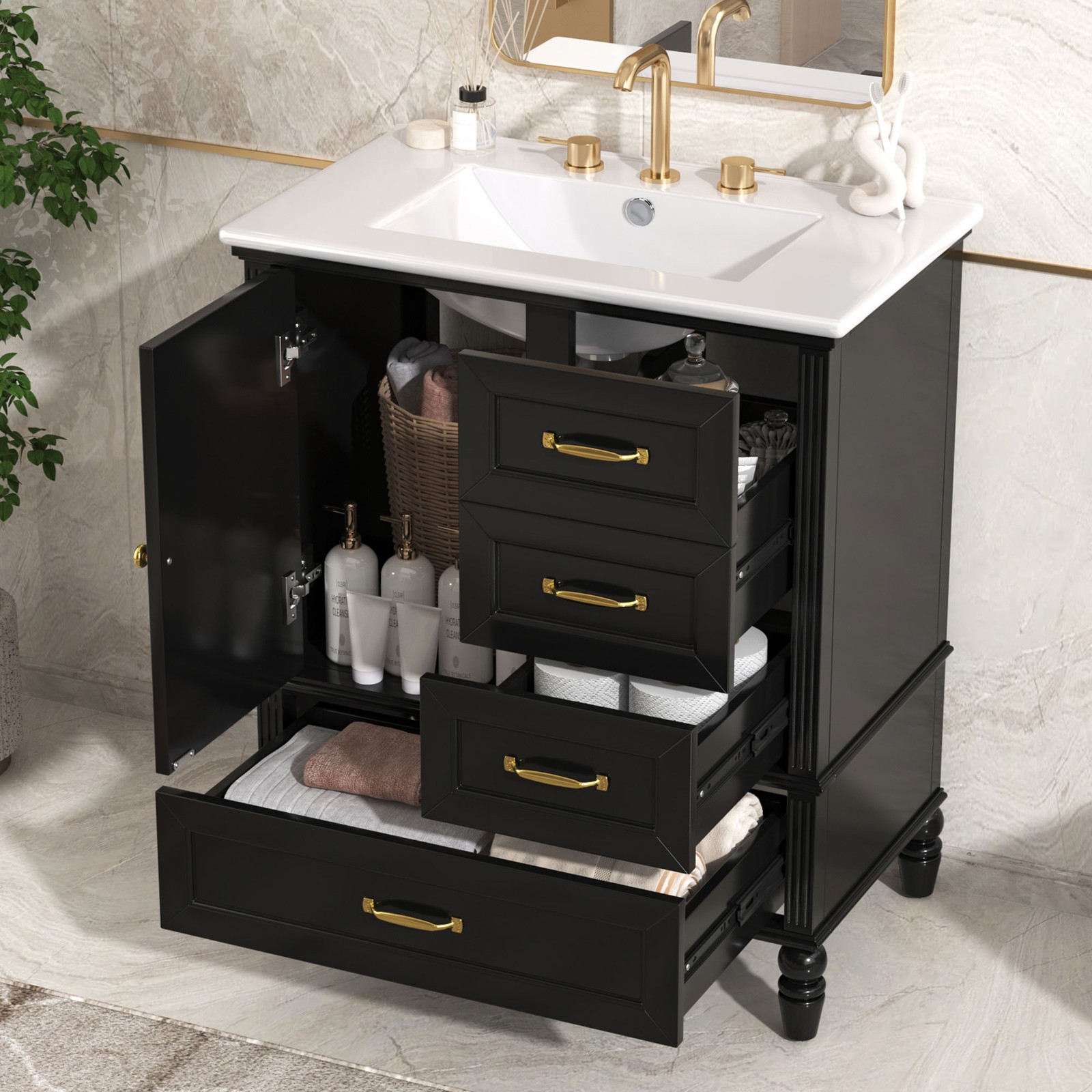 30″ Bathroom Vanity with Sink, Bathroom Cabinet with A Door, Three Drawers Black