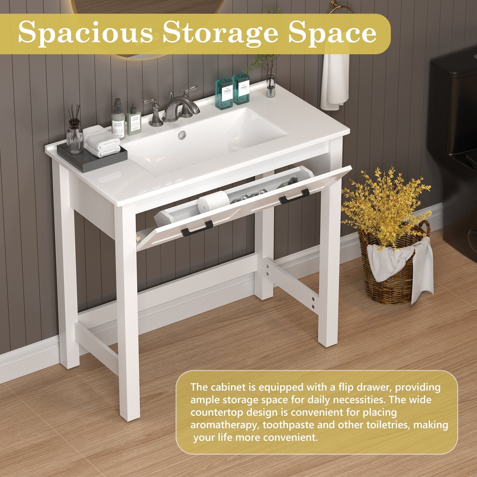 36″ White Bathroom Vanity with a Tip-out Drawer & Ceramic Sink for Elderly