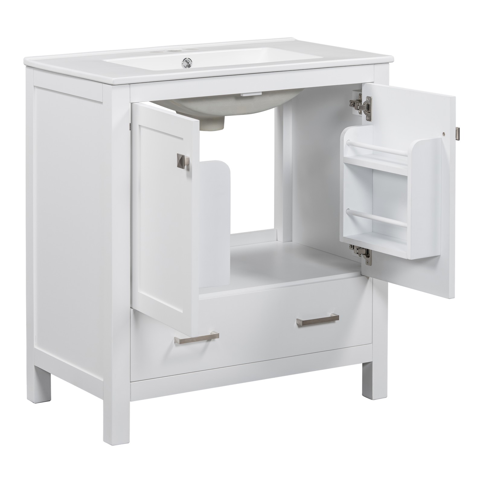 30″ White Bathroom Vanity with Single Sink & Soft Close Doors