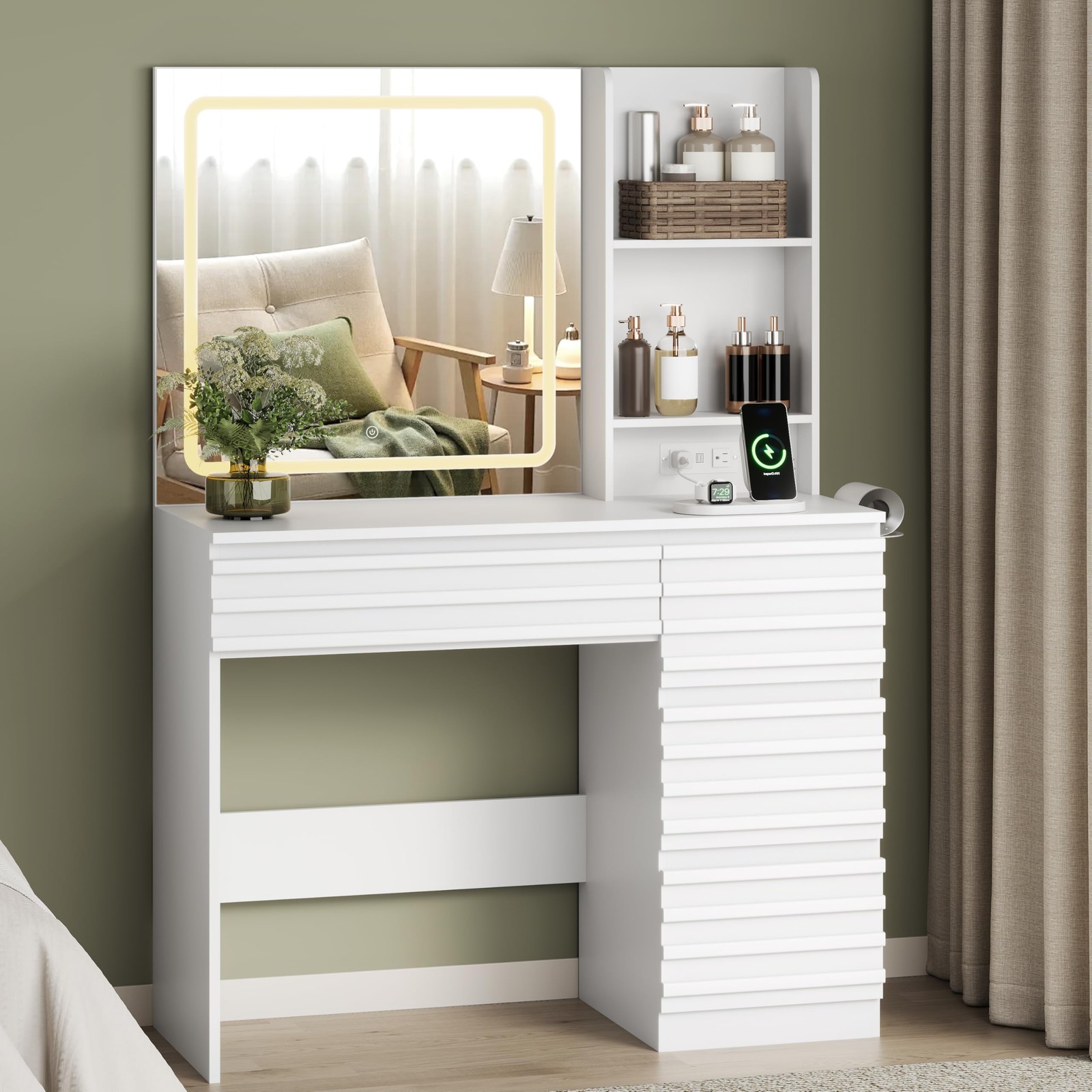 White Makeup Vanity Desk with LED Lighted Mirror 4 Drawers Power Outlet