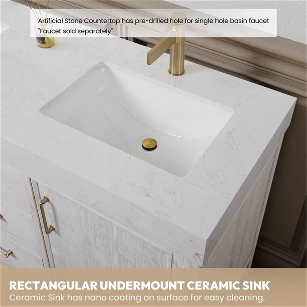 Leon 60″ Single Bathroom Vanity in Washed White w/ Composite in Lightning White