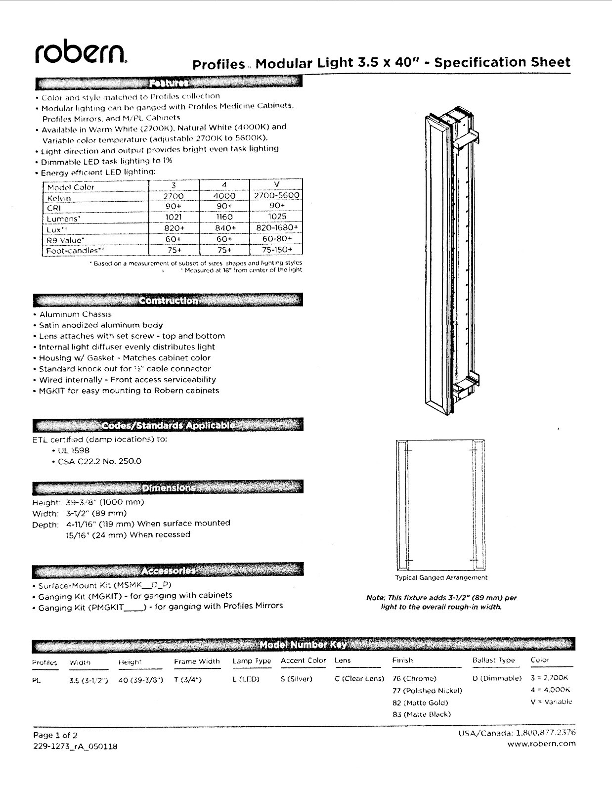 Robern PL3.540TLSC82DV – Profiles – Modular Light 3.5 x 40″ – Matte Gold