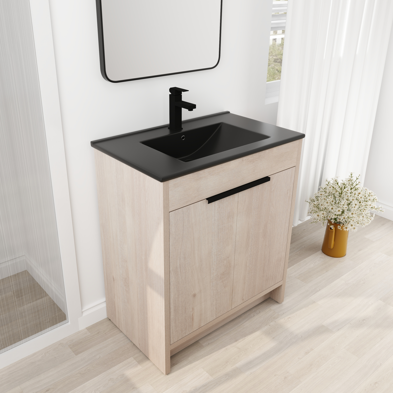 30″ Wooden Free Standing Bathroom Vanity W/ Black Sink Basin + Adjustable Shelf