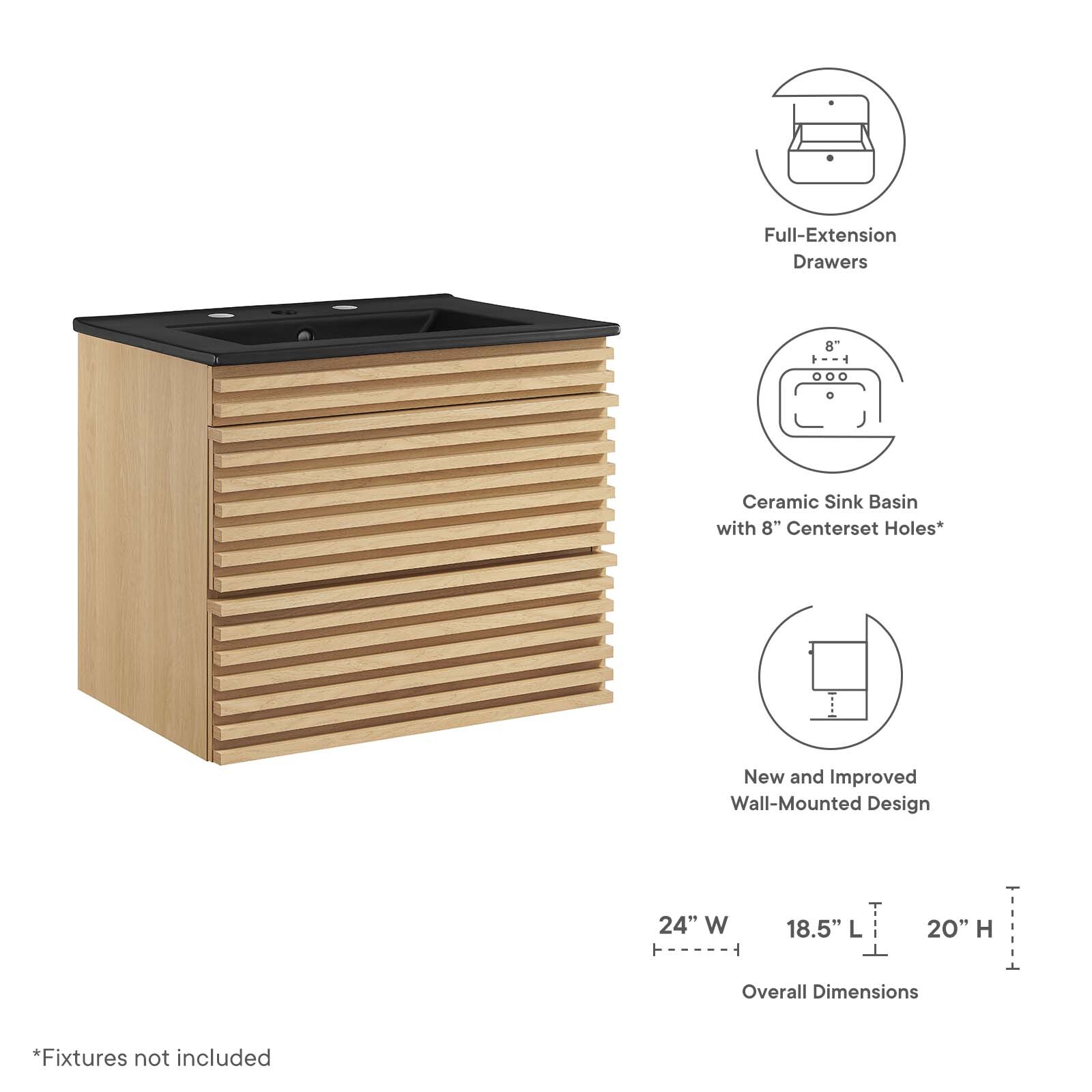 Modway Render 24″ Wall-Mount Bathroom Vanity in Oak Black