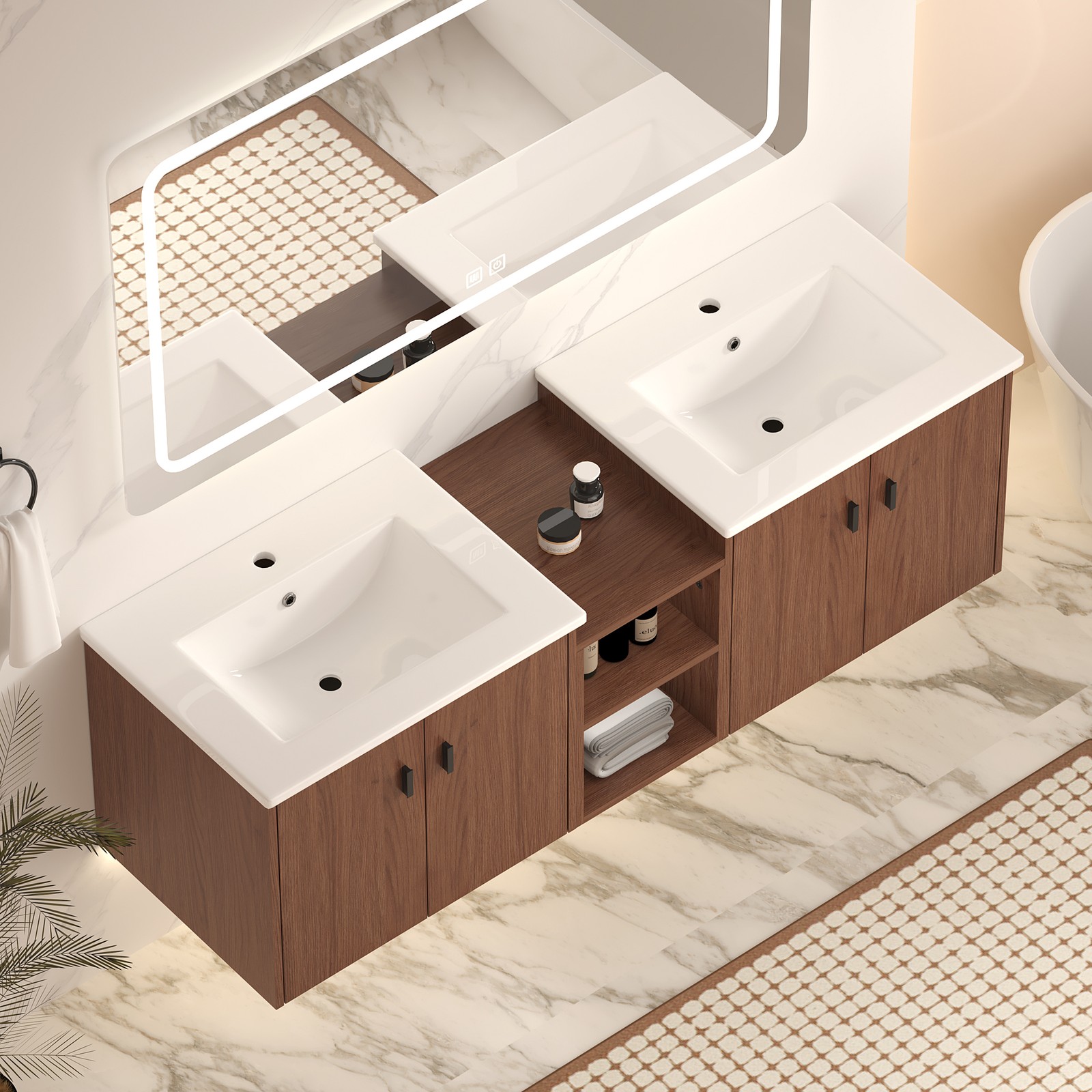 60in reddish brown Bathroom Vanity w/Storage Shelves & Soft Close Doors