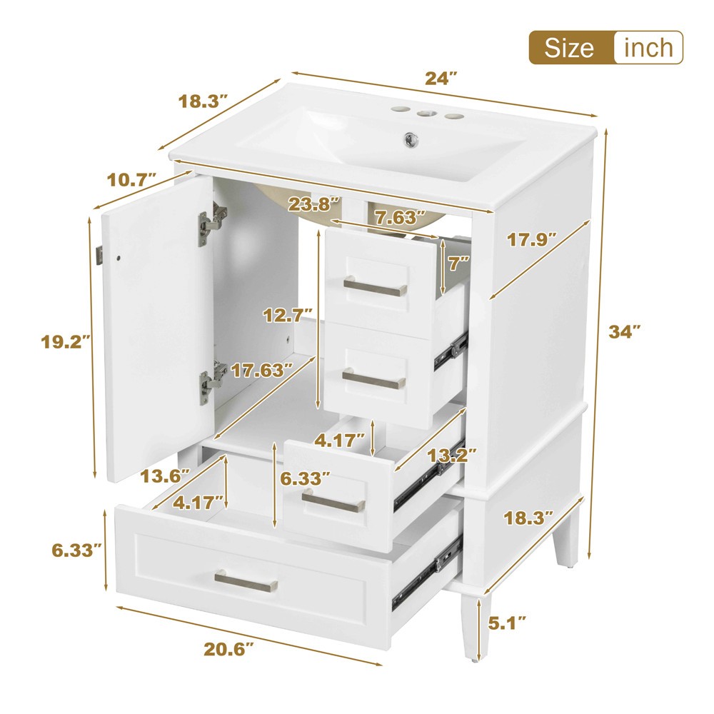 24.8″ Bathroom Vanity w/Basin Sink,Freestanding Vanity Storage Cabinet,3 Drawers