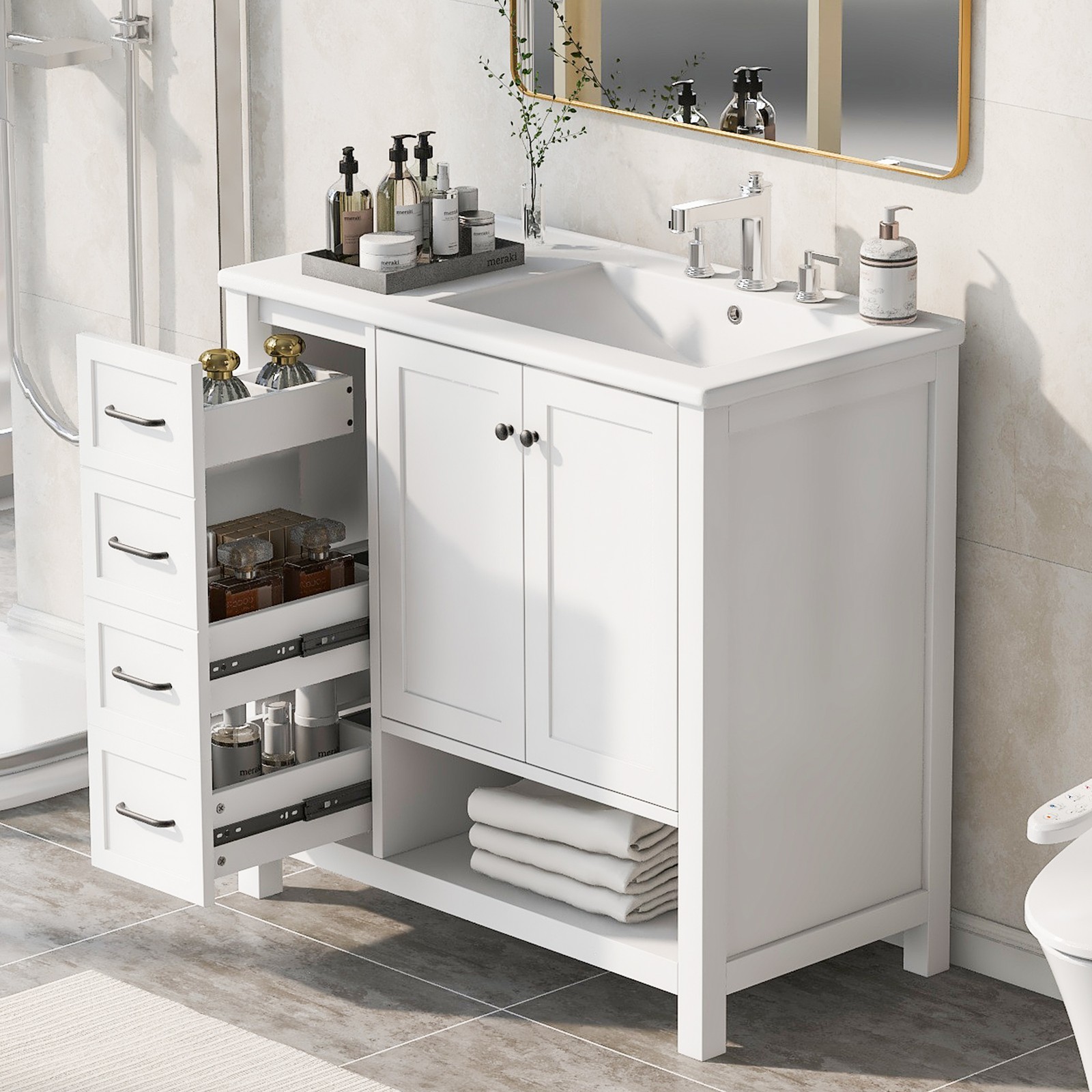 36″ Bathroom Vanity with Ceramic Sink, Modern Storage Cabinet w/Doors & Drawers