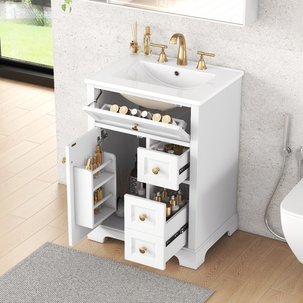 24 in White Bathroom Vanity with Sink MDF & Pinewood Construction 3 Drawers