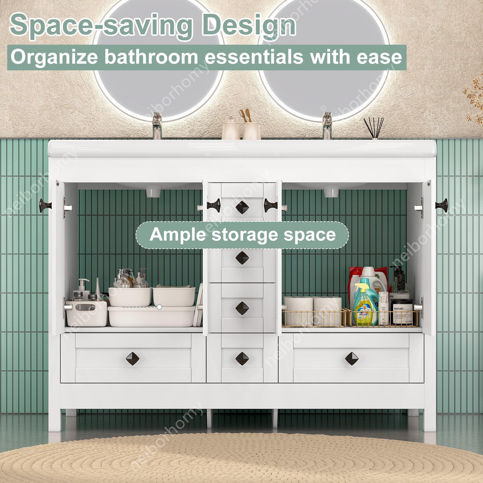 47″ White Classic Bathroom Vanity Double Ceramic Sinks Freestanding w/ 5 Drawers