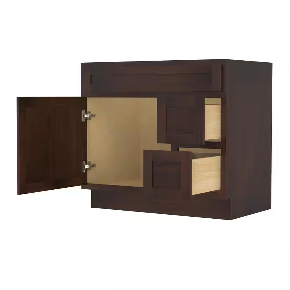 36 In. W X 21 In. D X 32.5 In. H 2-Right Drawers Bath Vanity Cabinet Only in Bro