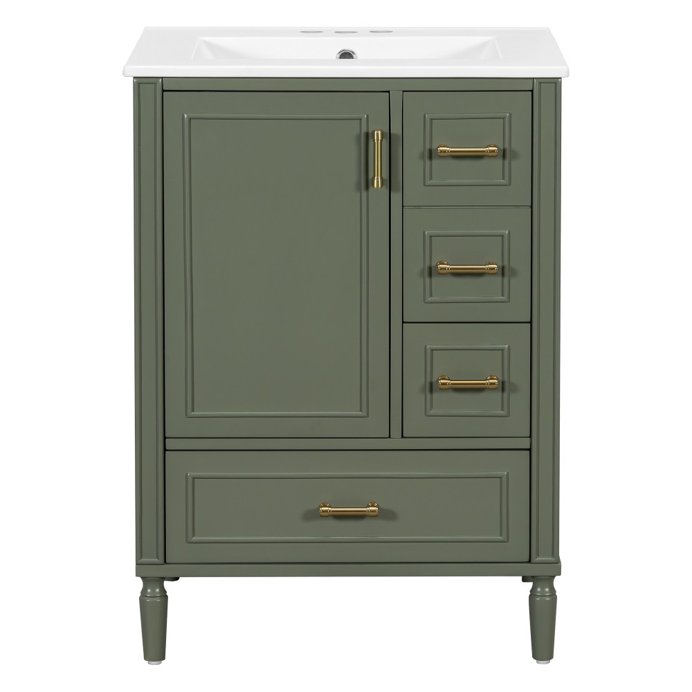 24″ Modern Bathroom Vanity with Ceramic Sink, Soft-Close Door, 3 Drawers