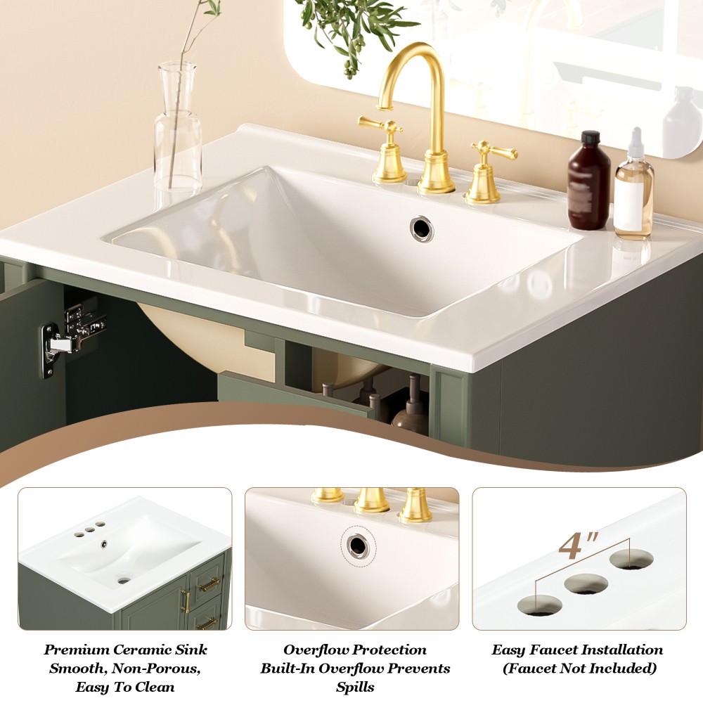 24″ Modern Bathroom Vanity with Ceramic Sink, Soft-Close Door, 3 Drawers