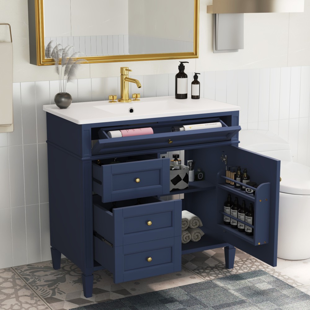 36 Inch Single Sink Bathroom Vanity Gloss Ceramic Top Storage Drawers
