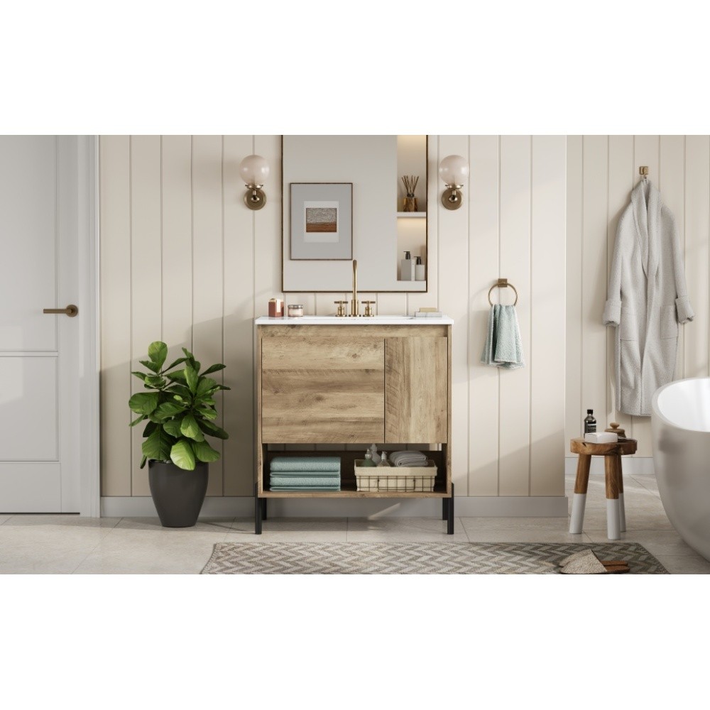 Wooden Bathroom Cabinet Sliding Drawers Ceramic Basin Countertop Open Shelving