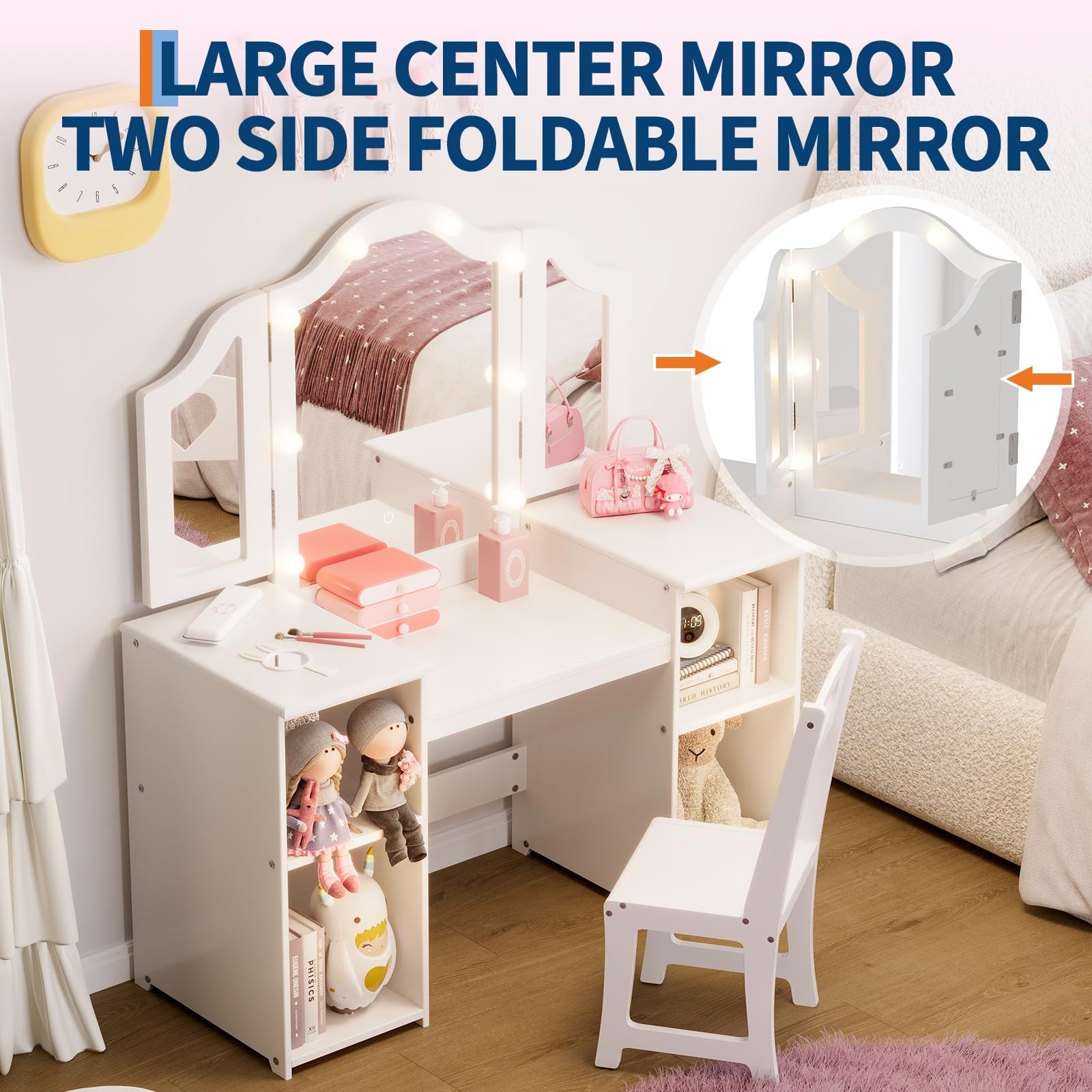 2-in-1 Kids Vanity Table with Tri-Fold Lighted Mirror Chair Storage