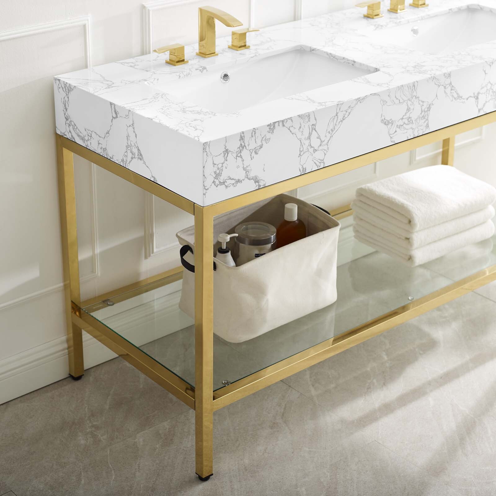 Modway Kingsley 60″ Gold Stainless Steel Bathroom Vanity in Gold White