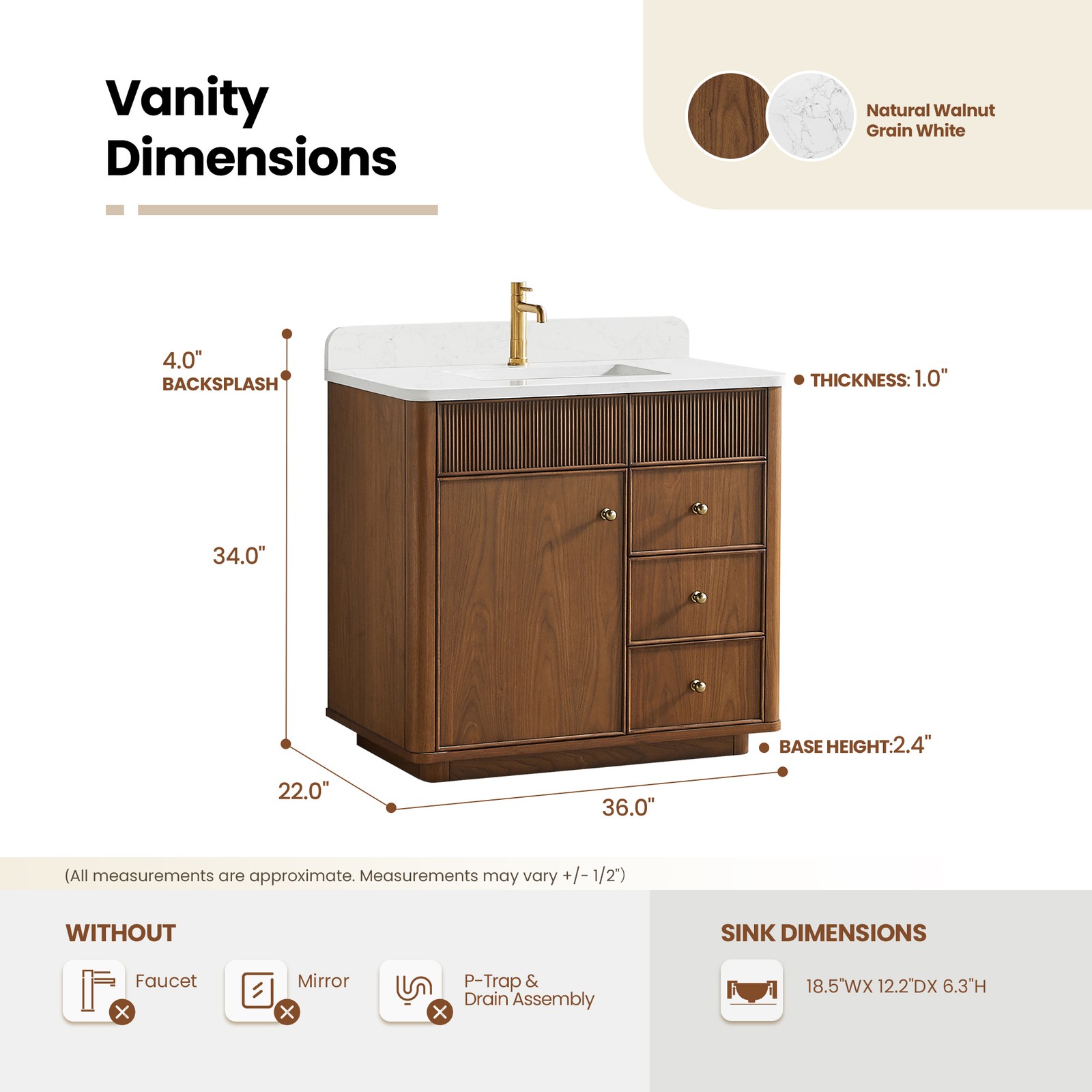 Zogno 36″ Single Sink Bath Vanity in Natural Walnut with White Grain Stone Top