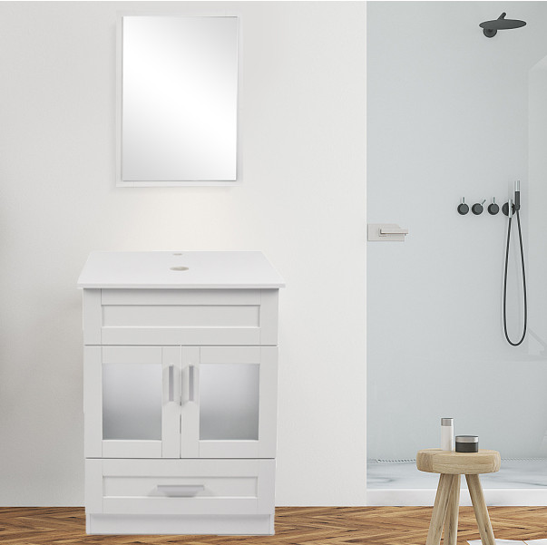 24” Bathroom Vanity Stand Pedestal Cabinet Drawer Shelves Sink Faucet Drain Set