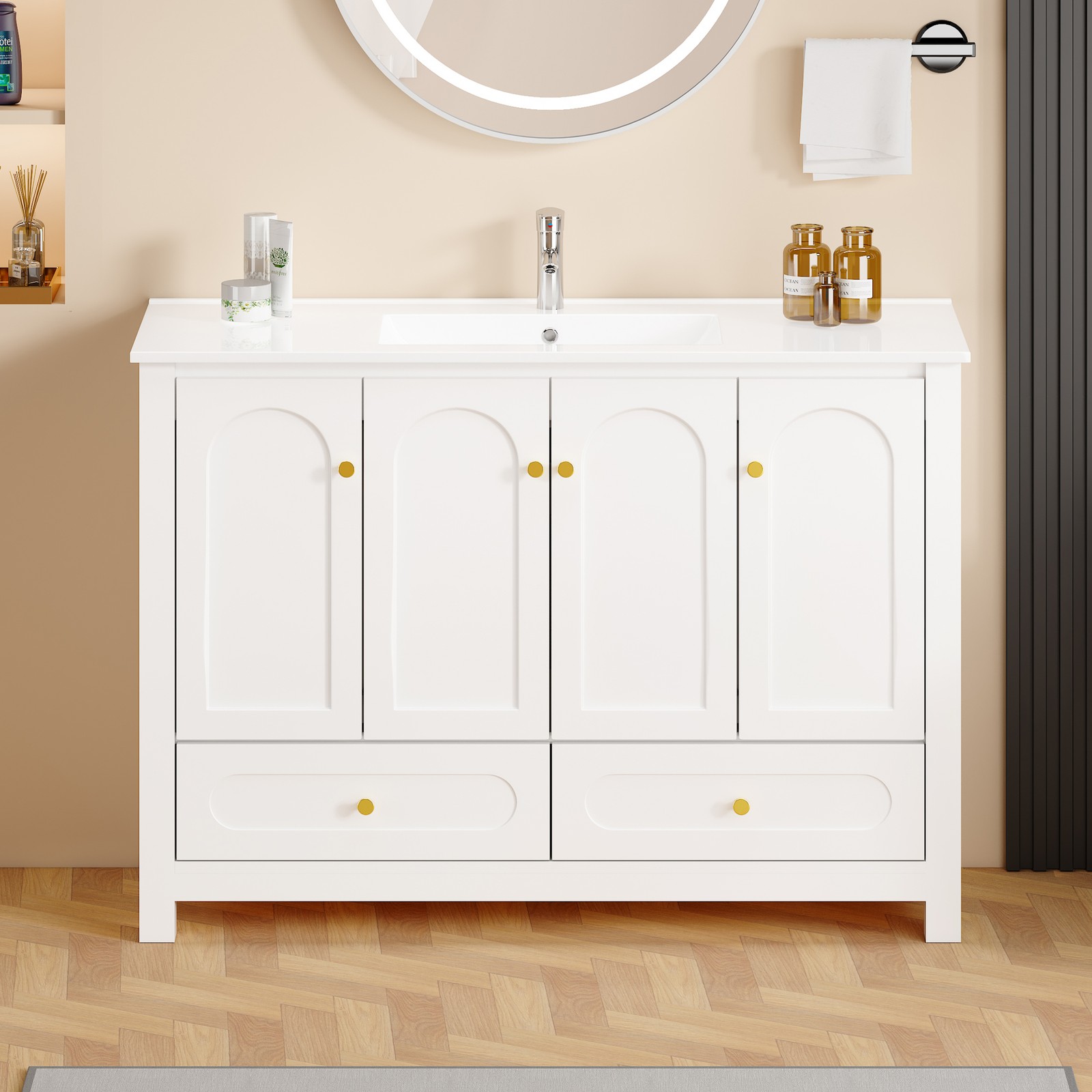 48 Inch White Bathroom Vanity with Resin Sink, 4 Doors 2 Drawers