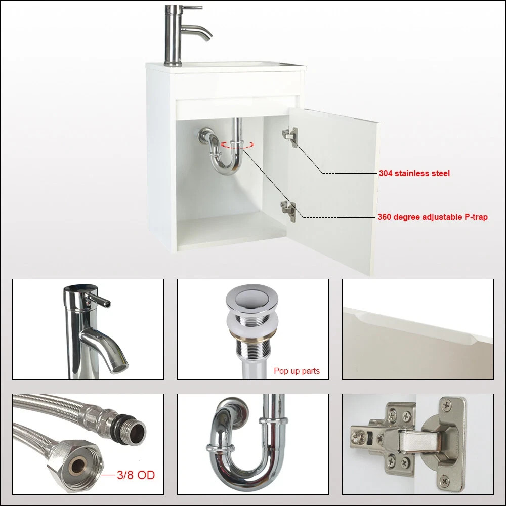 16″ Bathroom Vanity Wall Mount Cabinet Resin Sink Faucet Vessel Drain Combo Set