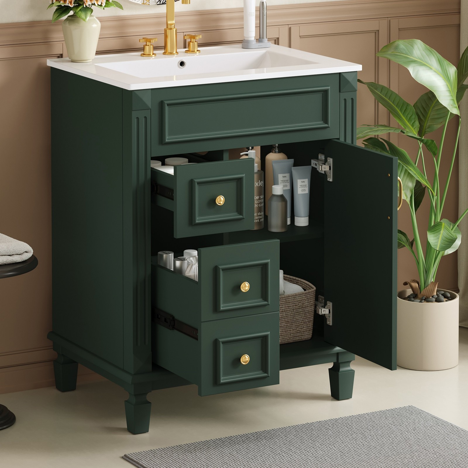 24″ Bathroom Vanity with Ceramic Sink, 2 Drawers, Adjustable Shelf