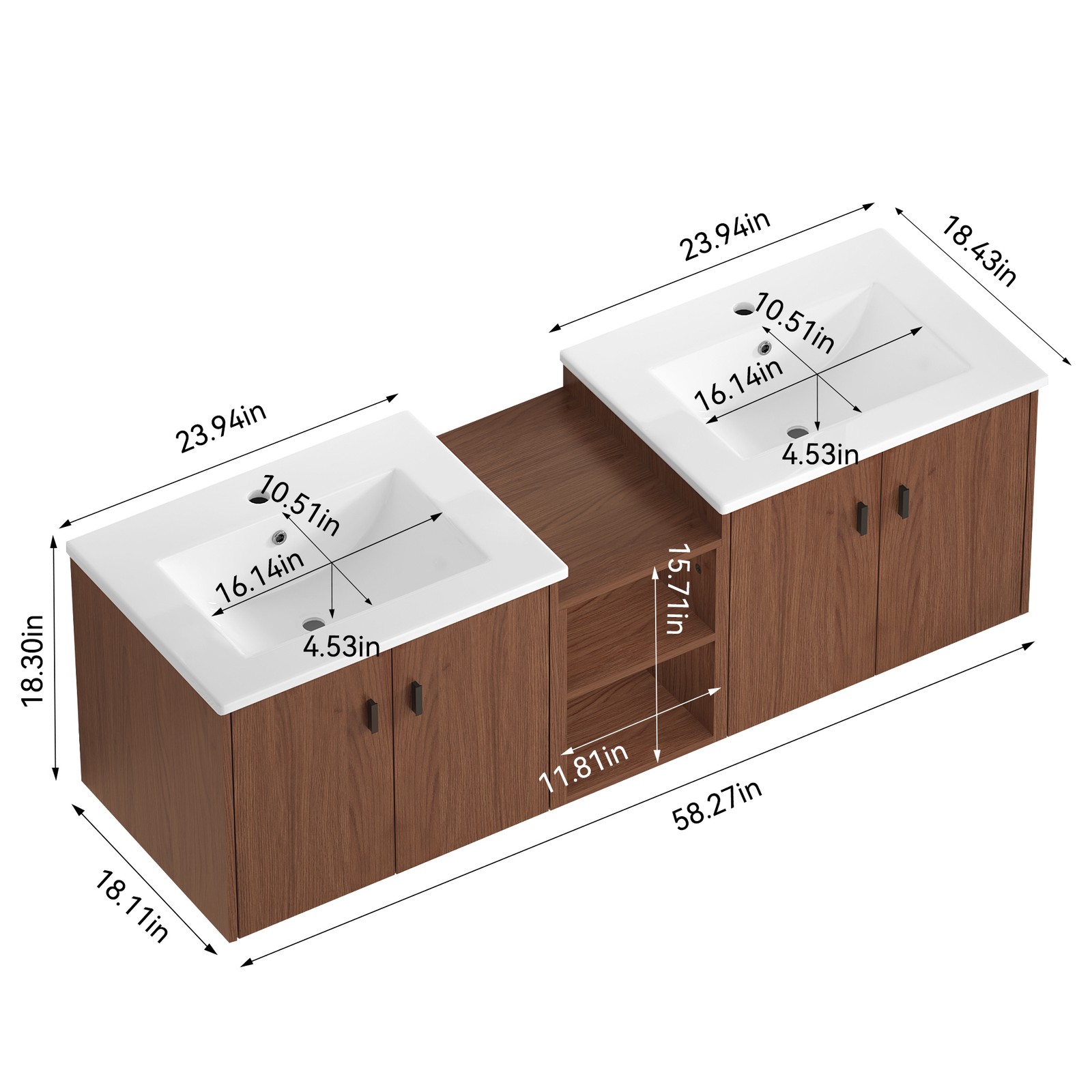 60in reddish brown Bathroom Vanity w/Storage Shelves & Soft Close Doors