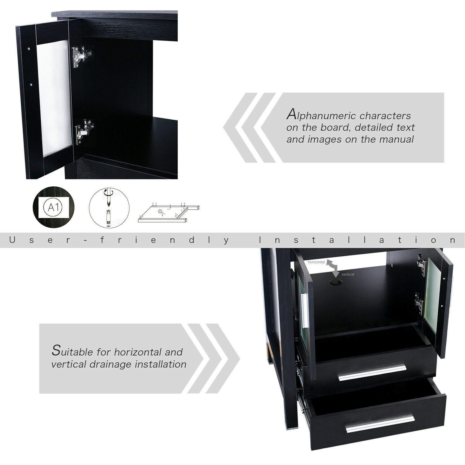 72″ Bathroom Vanity Set W/ Vessel Sink Set Cabinet Faucet Black Combo No Mirror