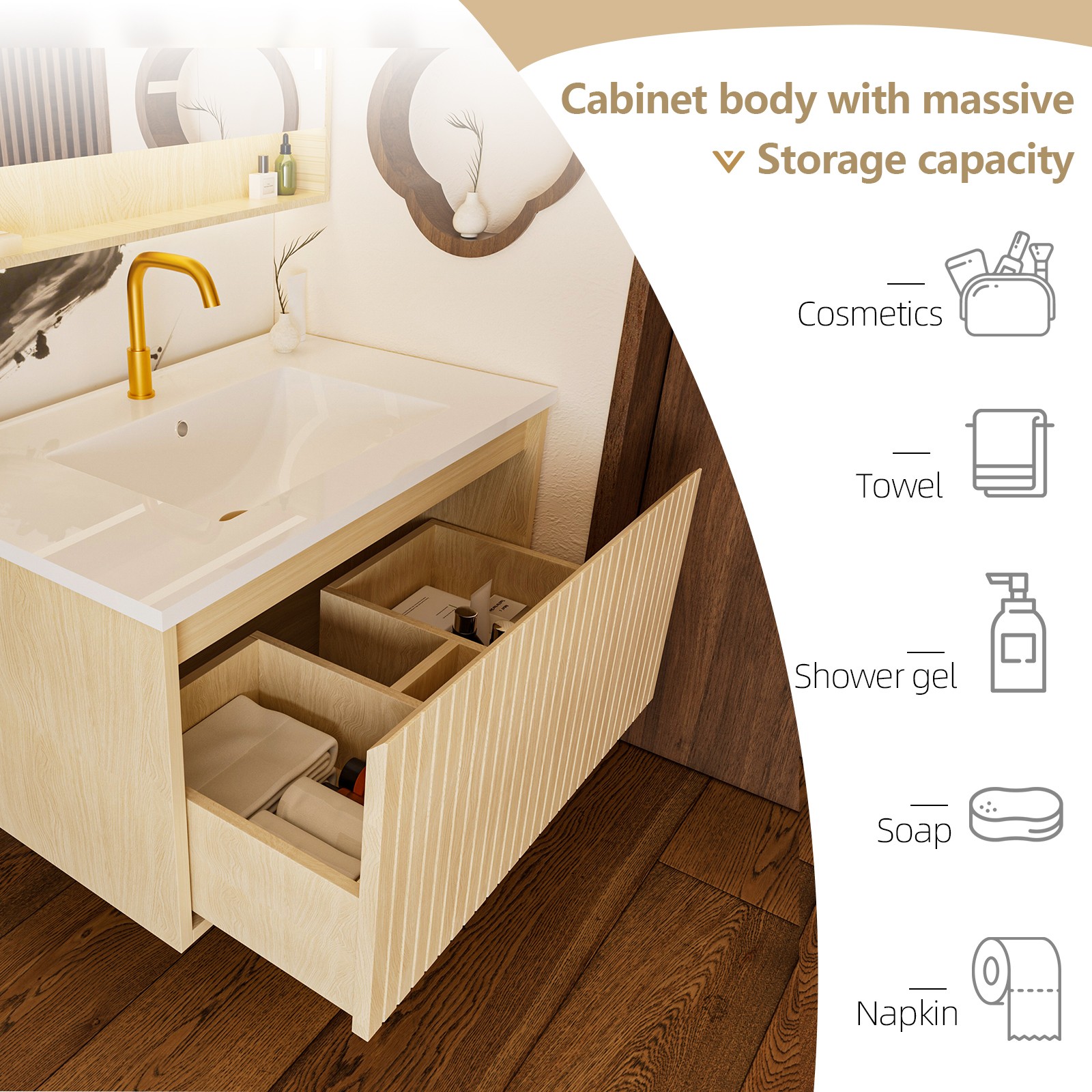 30″ Bathroom Vanity Cabinet w/Ceramic Sink Wall Mounted Floating Fluted Vanity