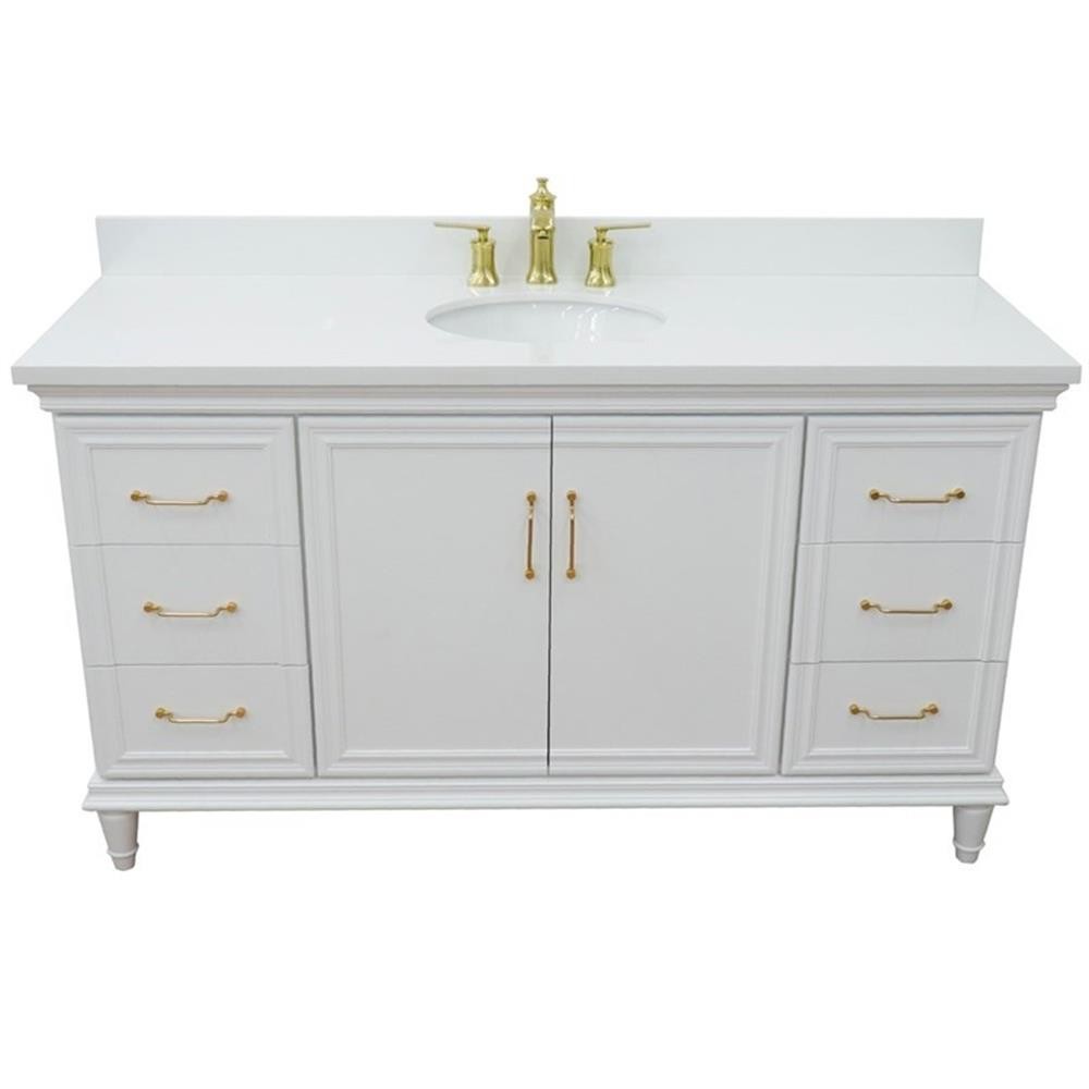 61 in. Single Wooden Vanity White with White Quartz Oval Sink