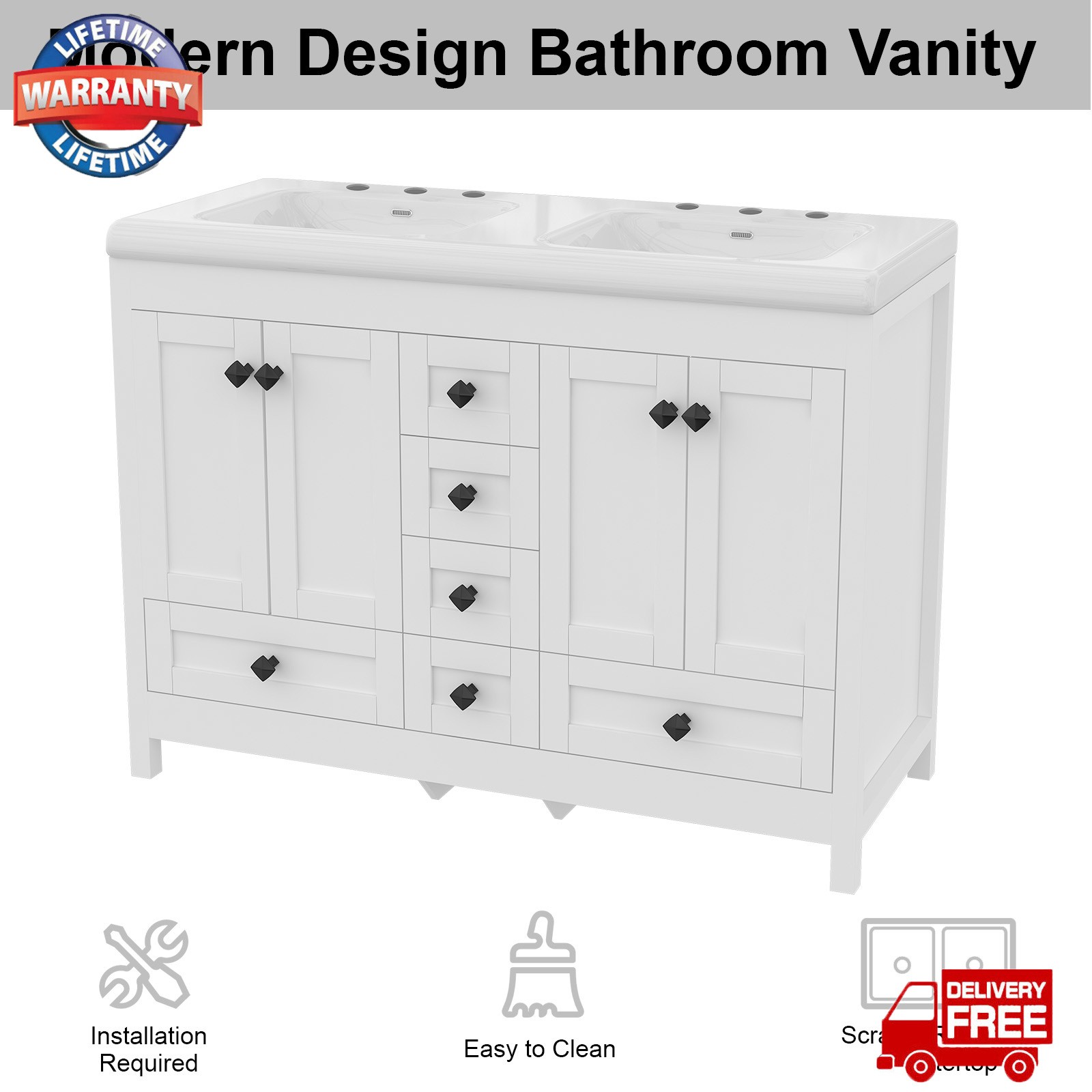 46″ Bathroom Vanity with Ceramic Sink Freestanding Storage Cabinet w/ 5 Drawers