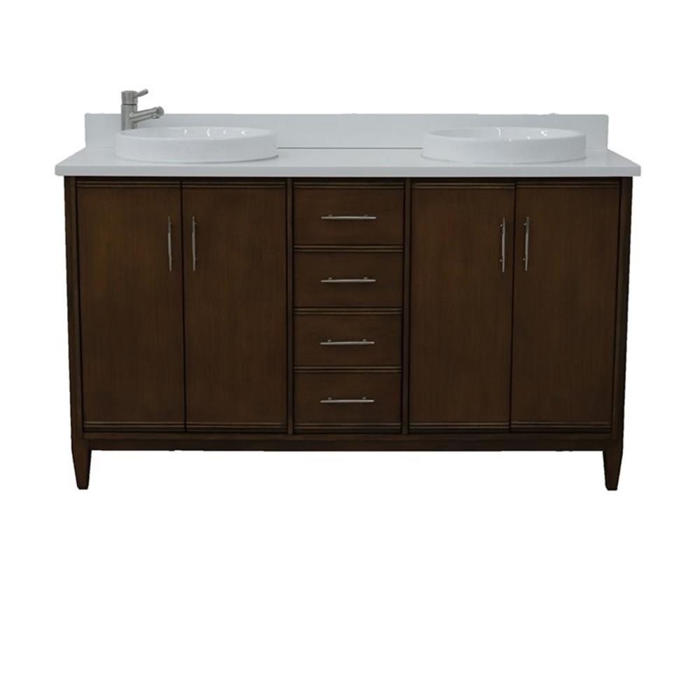 Pemberly Row 61″ Double Round Sink Vanity with White Quartz Stone in Walnut